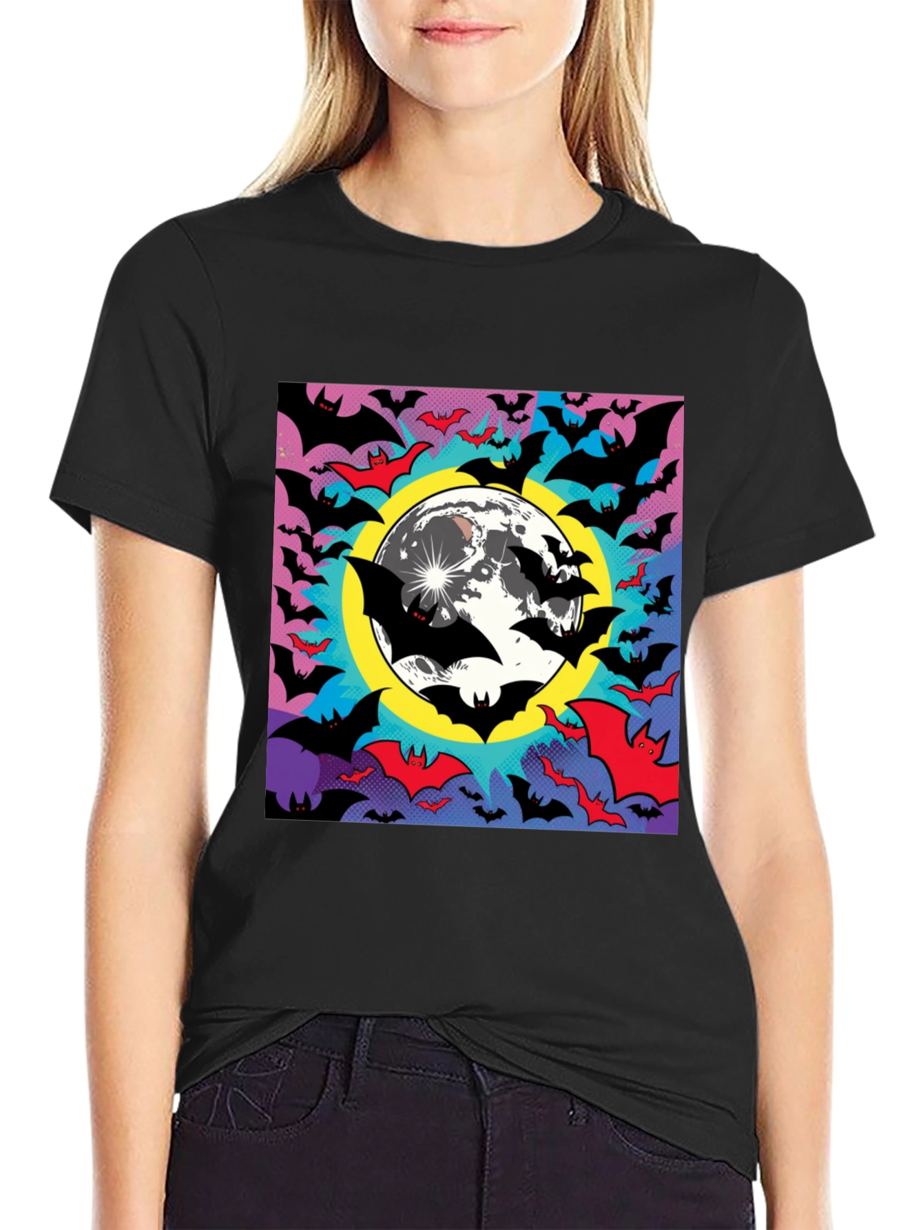Halloween Bats & Moon Graphic Tee - Black
