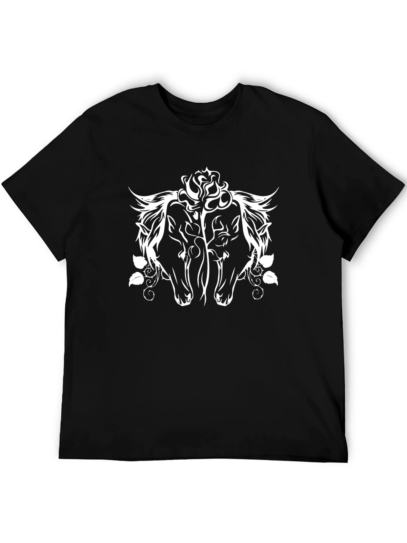 Black T-Shirt with Horse and Rose Graphic