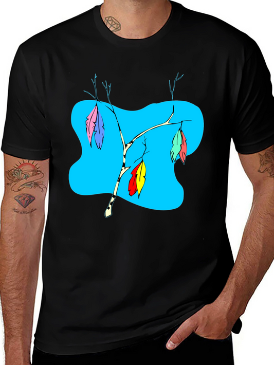 Black T-Shirt with Colorful Feather Branch Design