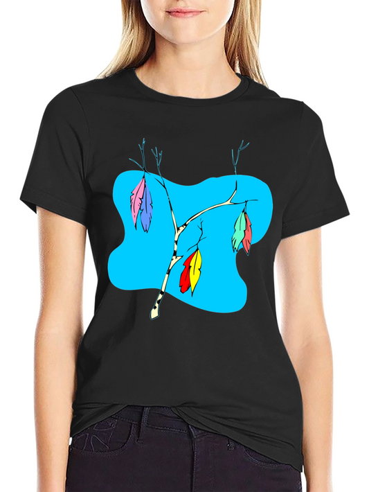 Black T-Shirt with Colorful Feather Branch Design