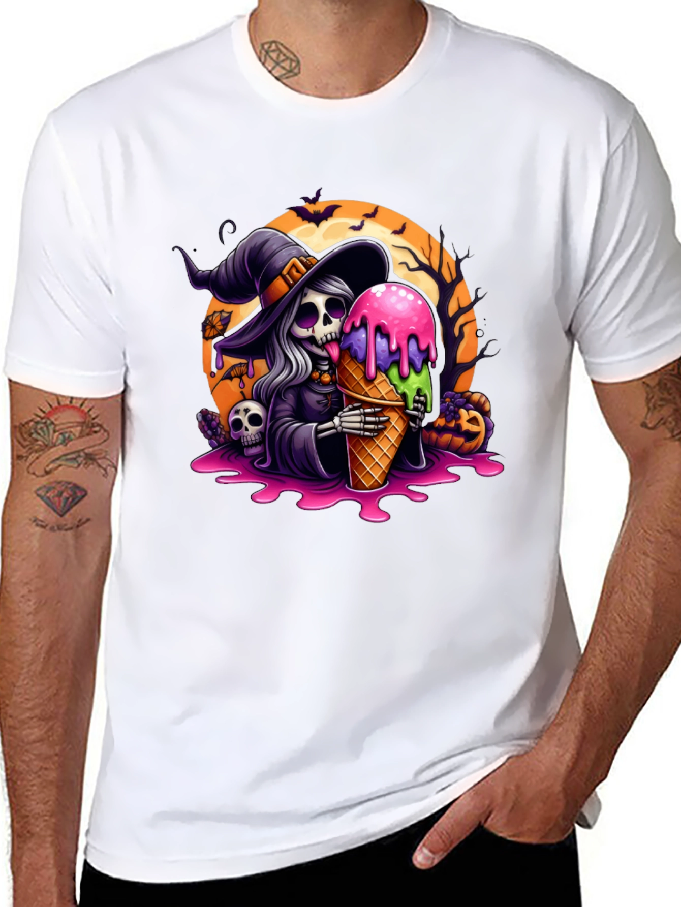 Halloween Witch Skeleton Ice Cream Graphic Tee