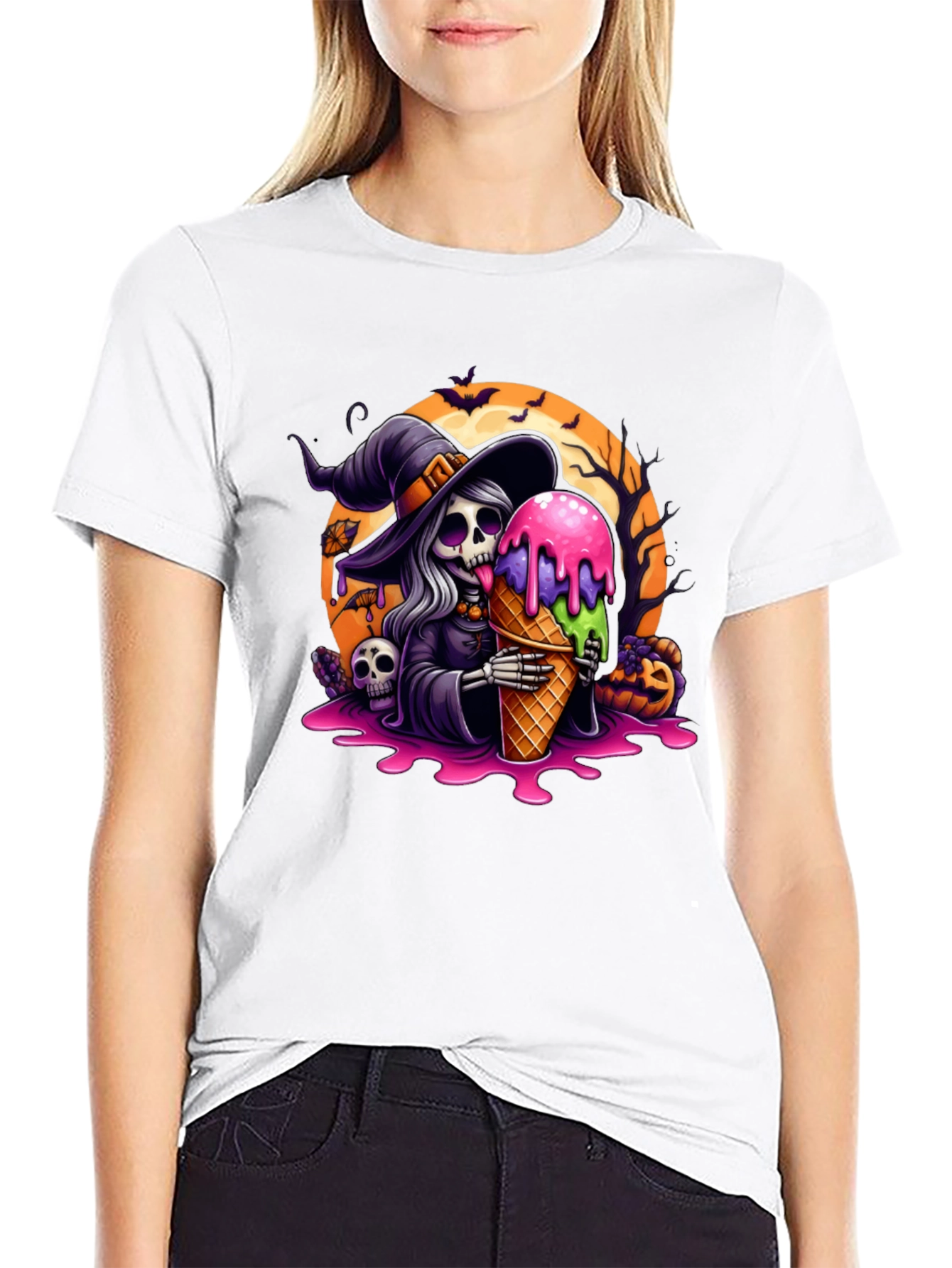 Halloween Witch Skeleton Ice Cream Graphic Tee