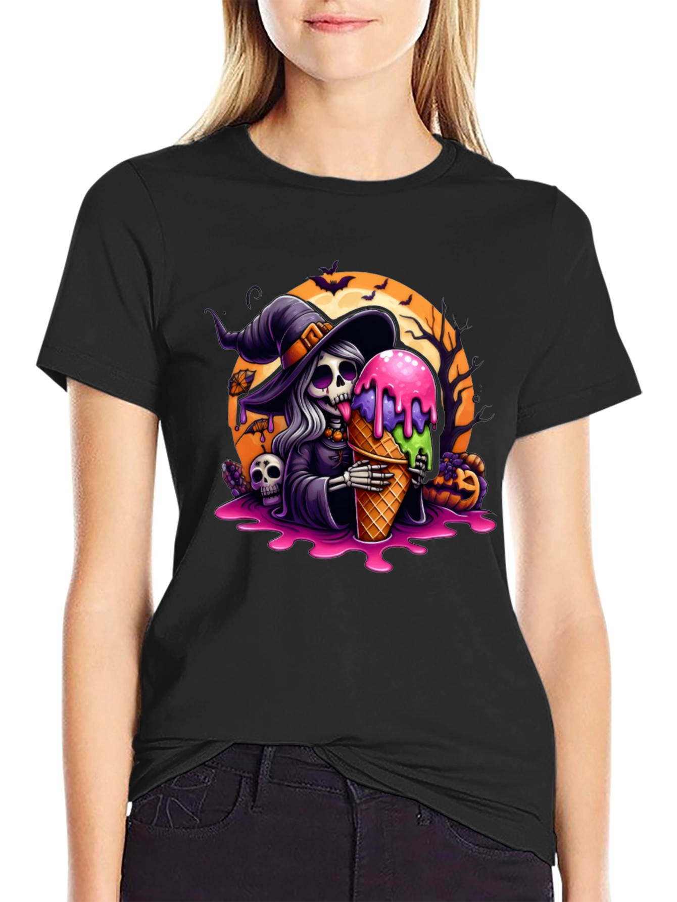 Halloween Witch Skeleton Ice Cream Graphic Tee