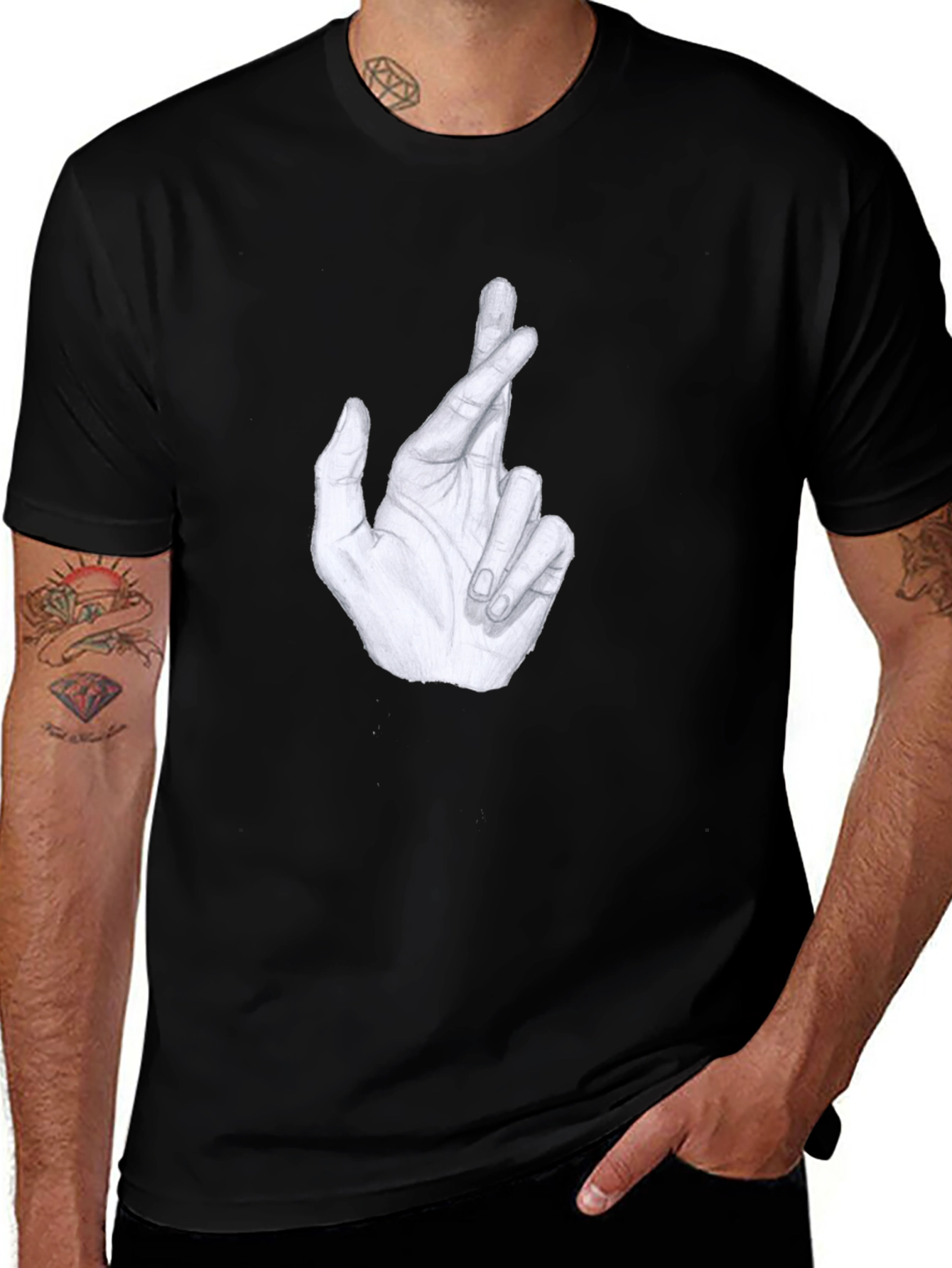 Crossed Fingers Graphic Tee - Stylish Mens Black T-Shirt