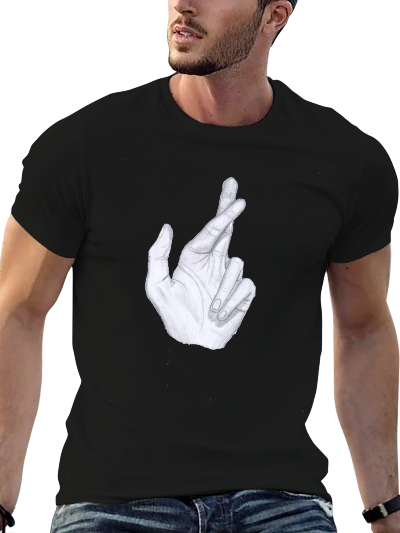Crossed Fingers Graphic Tee - Stylish Mens Black T-Shirt