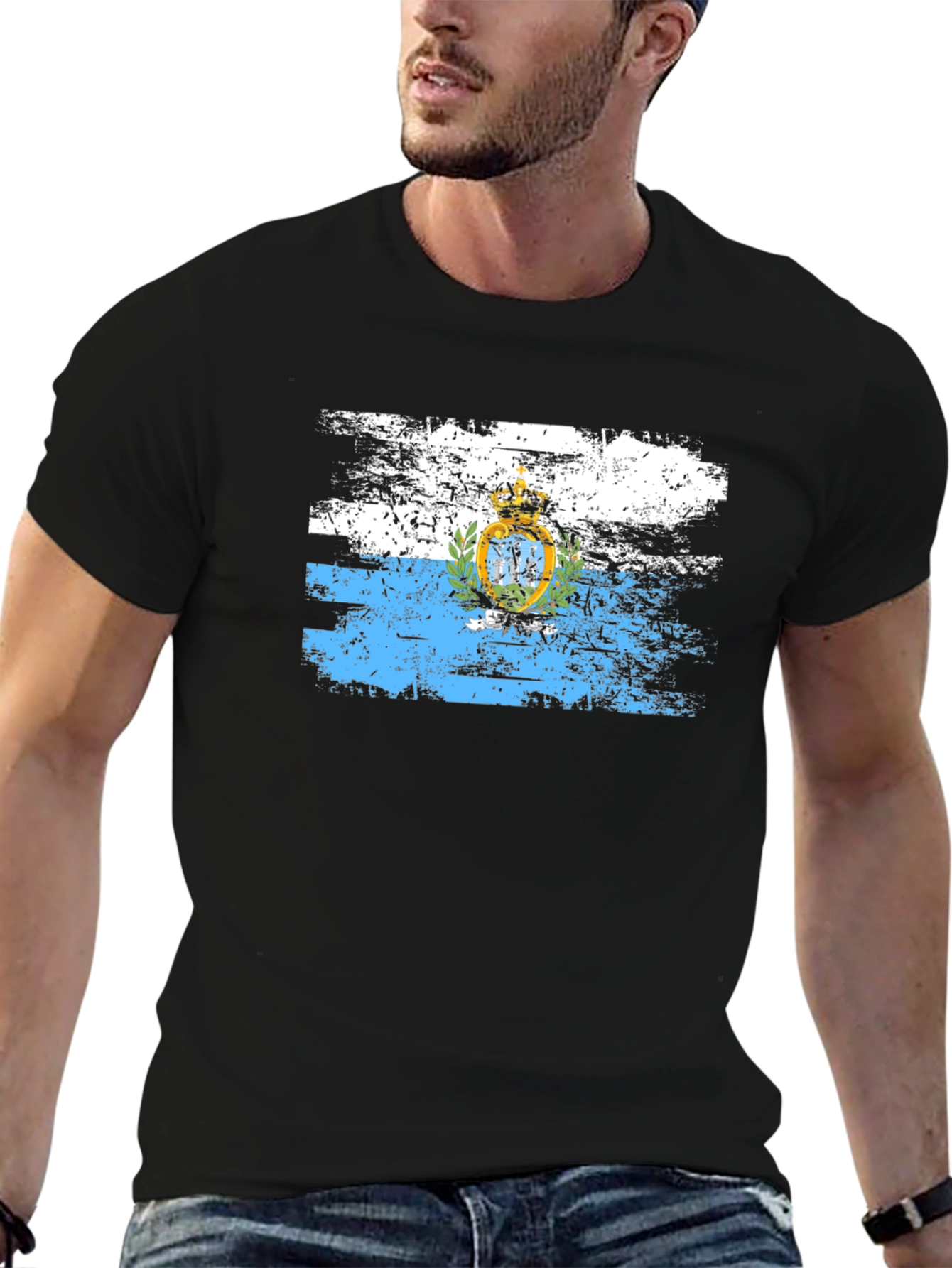 San Marino Flag Distressed Black T-Shirt