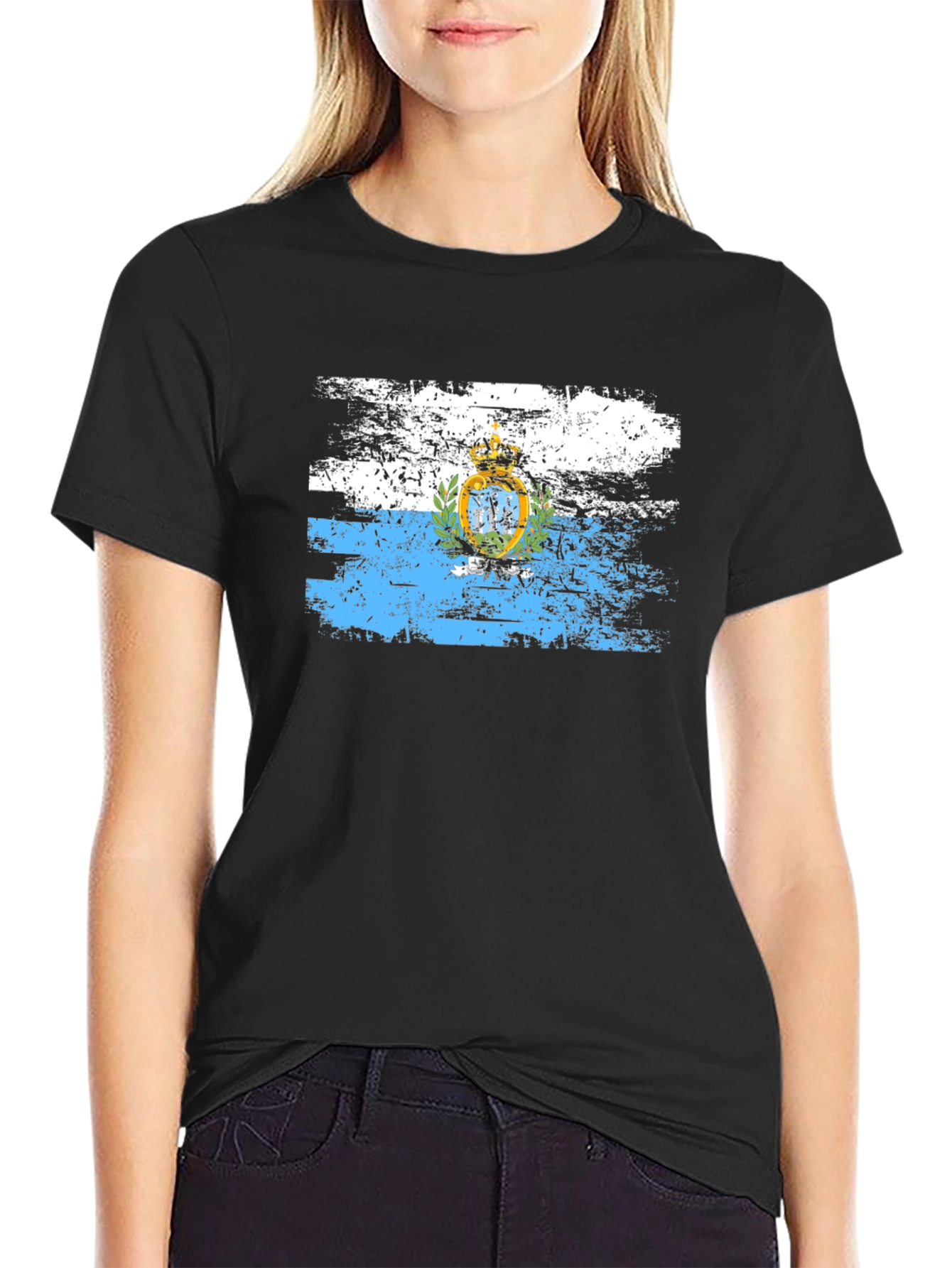 San Marino Flag Distressed Black T-Shirt