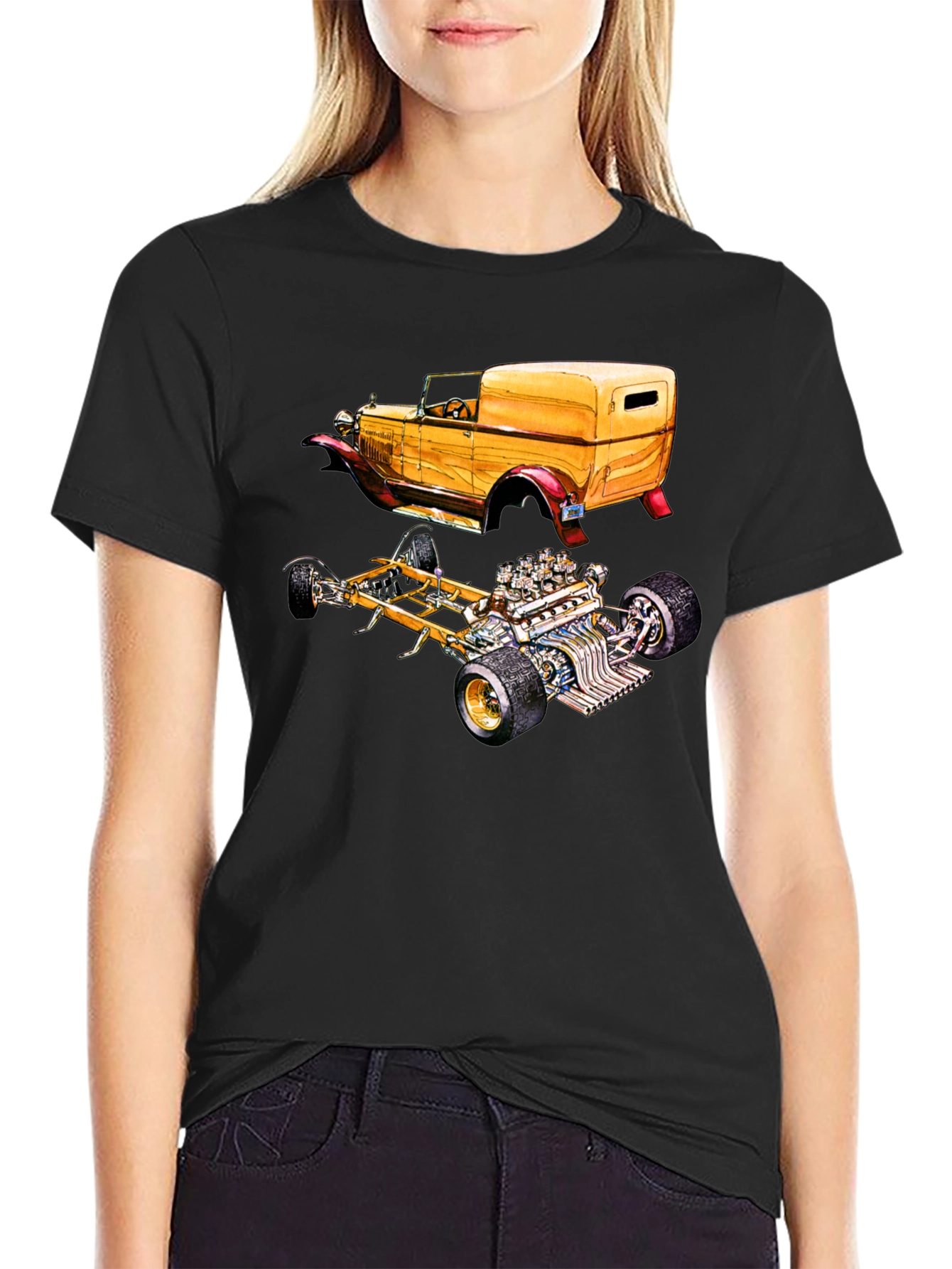 Classic Car & Engine Black Graphic T-Shirt