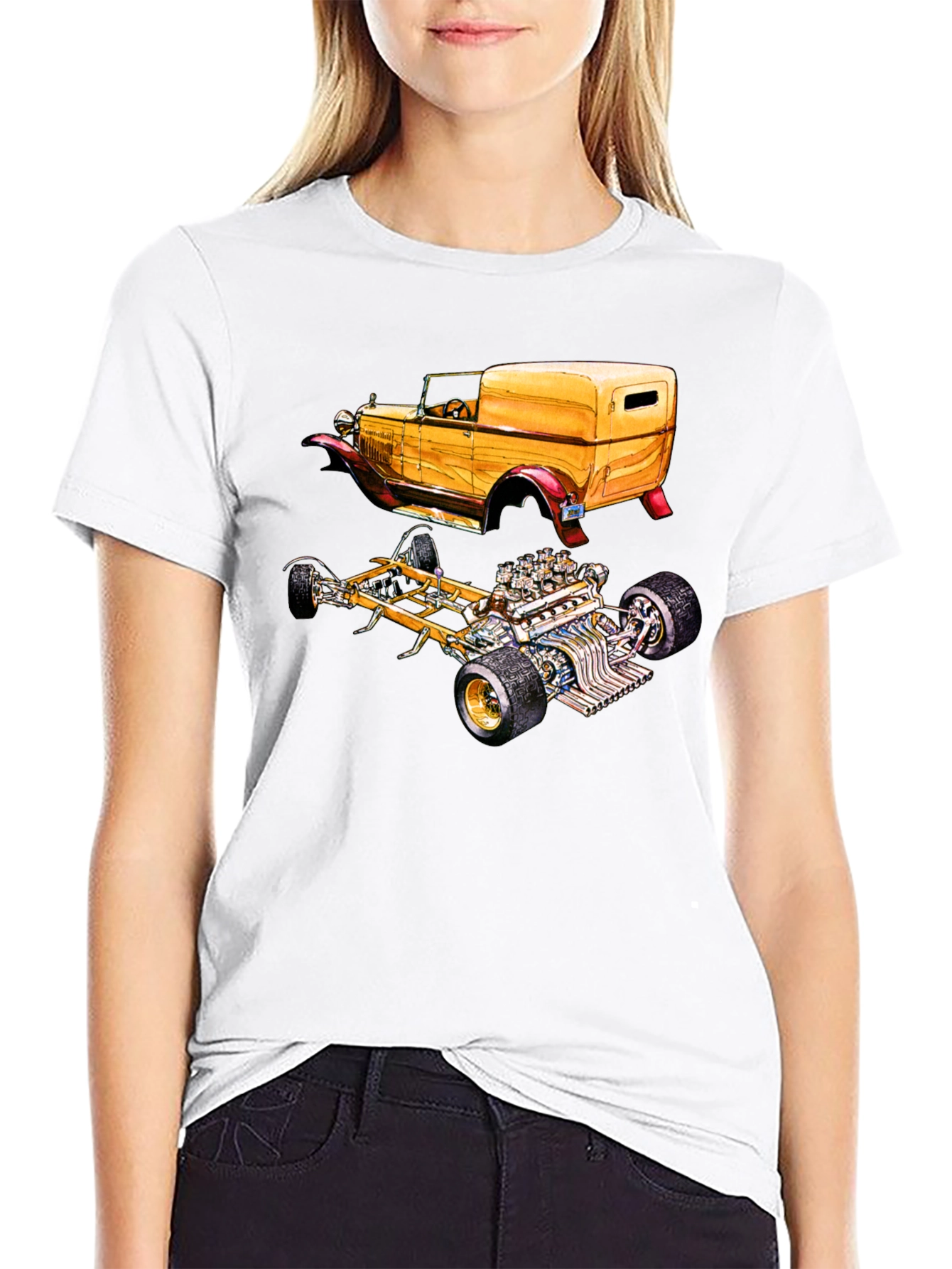 Classic Car & Engine Black Graphic T-Shirt