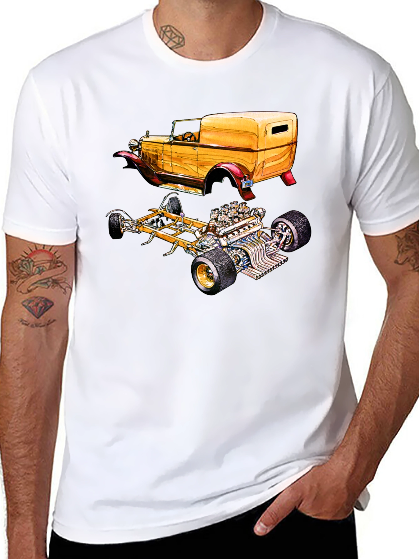 Classic Car & Engine Black Graphic T-Shirt