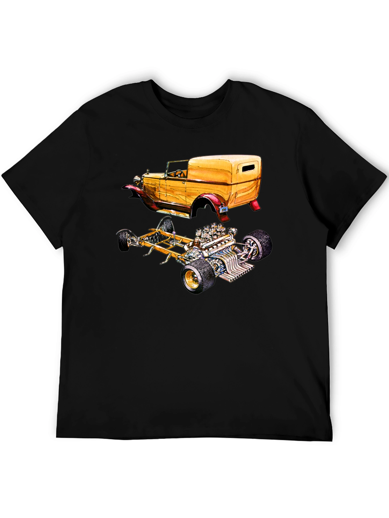 Classic Car & Engine Black Graphic T-Shirt