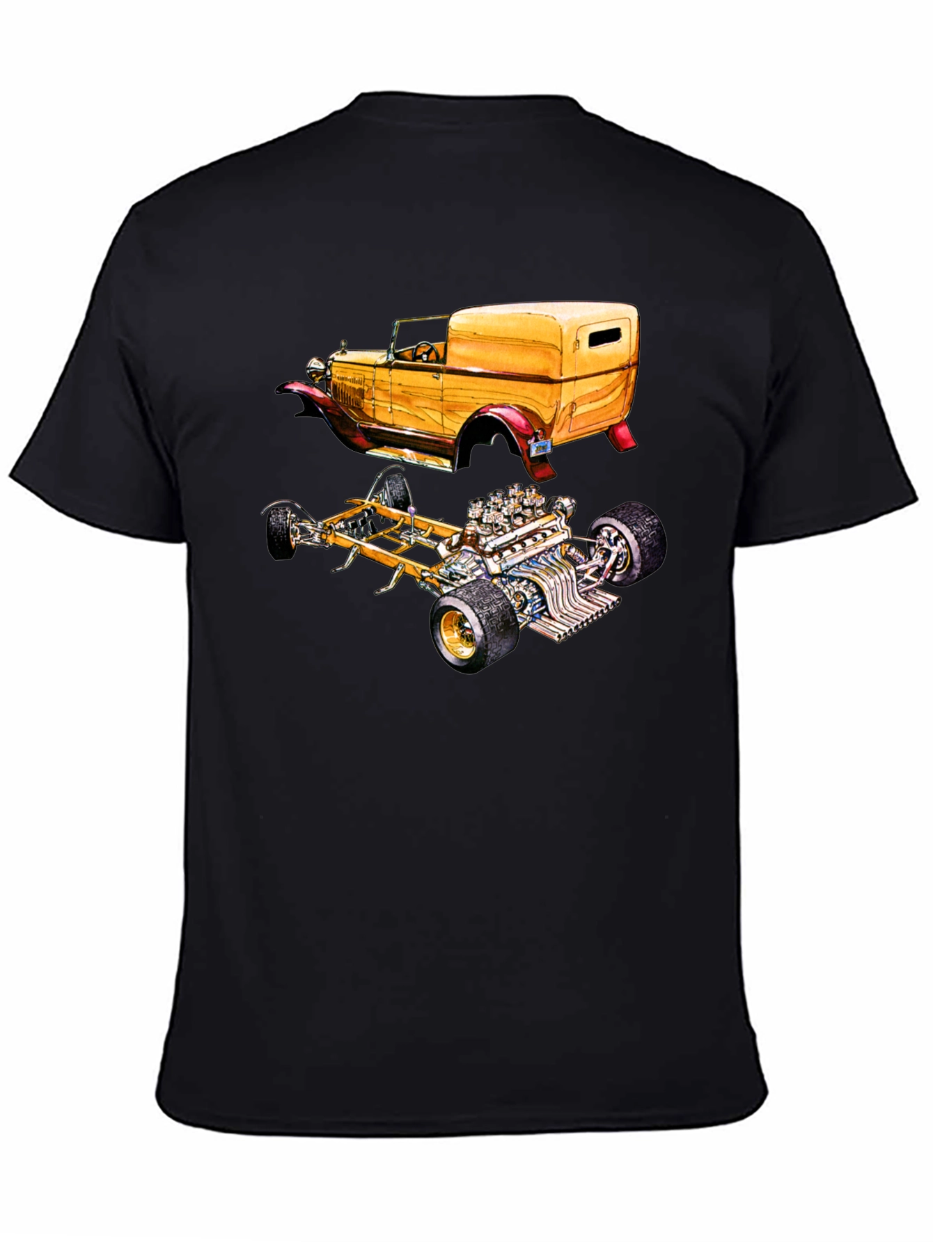 Classic Car & Engine Black Graphic T-Shirt
