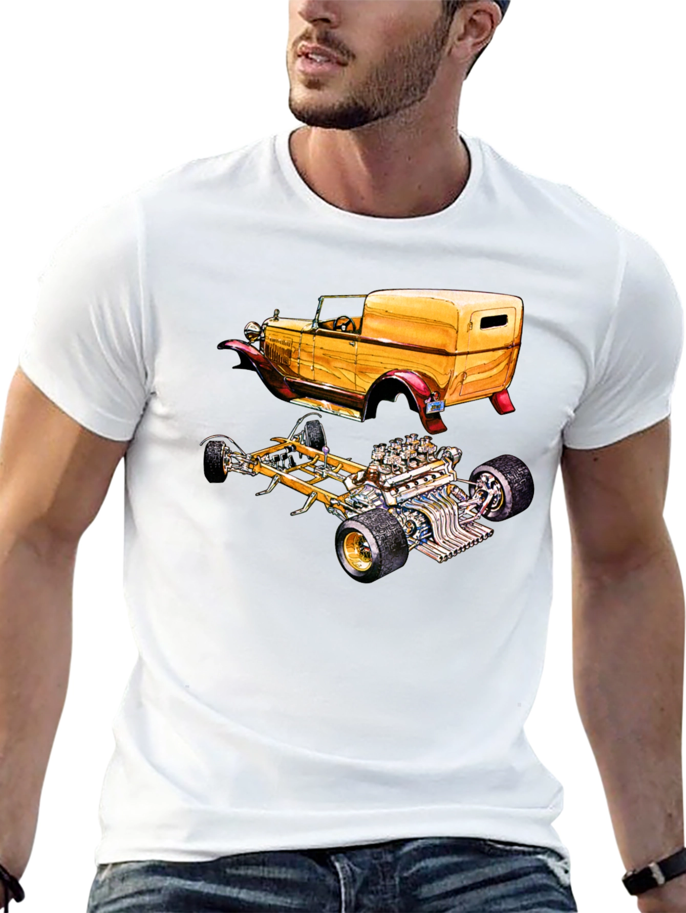 Classic Car & Engine Black Graphic T-Shirt