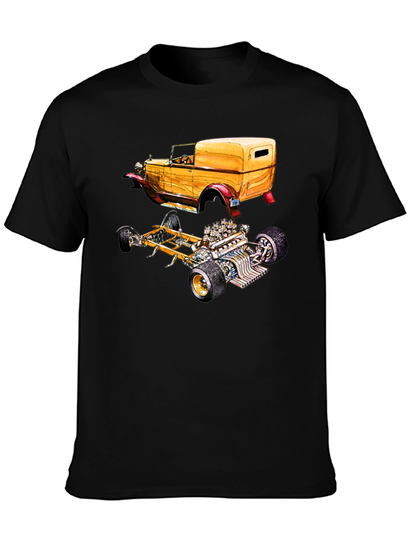 Classic Car & Engine Black Graphic T-Shirt