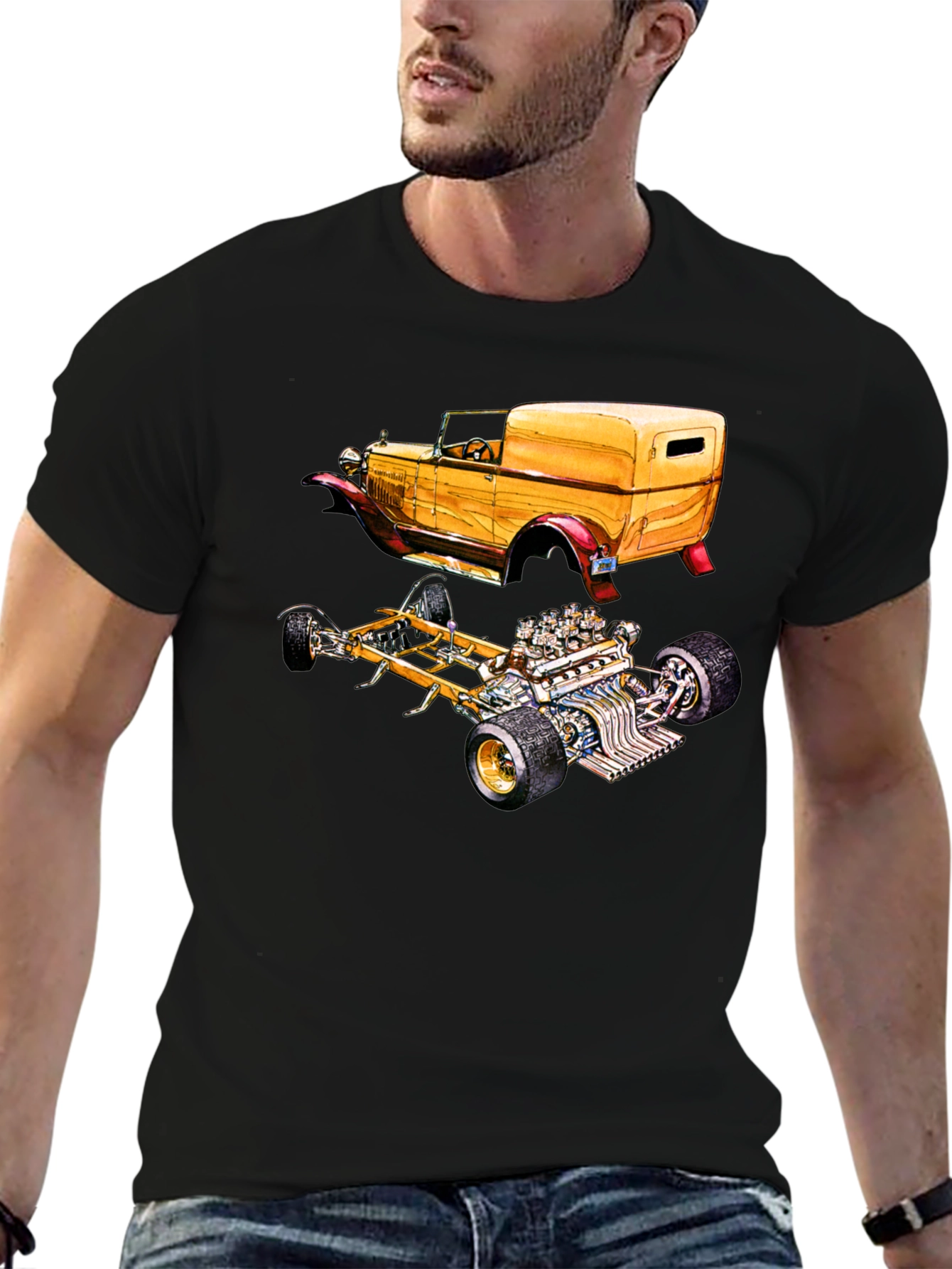 Classic Car & Engine Black Graphic T-Shirt