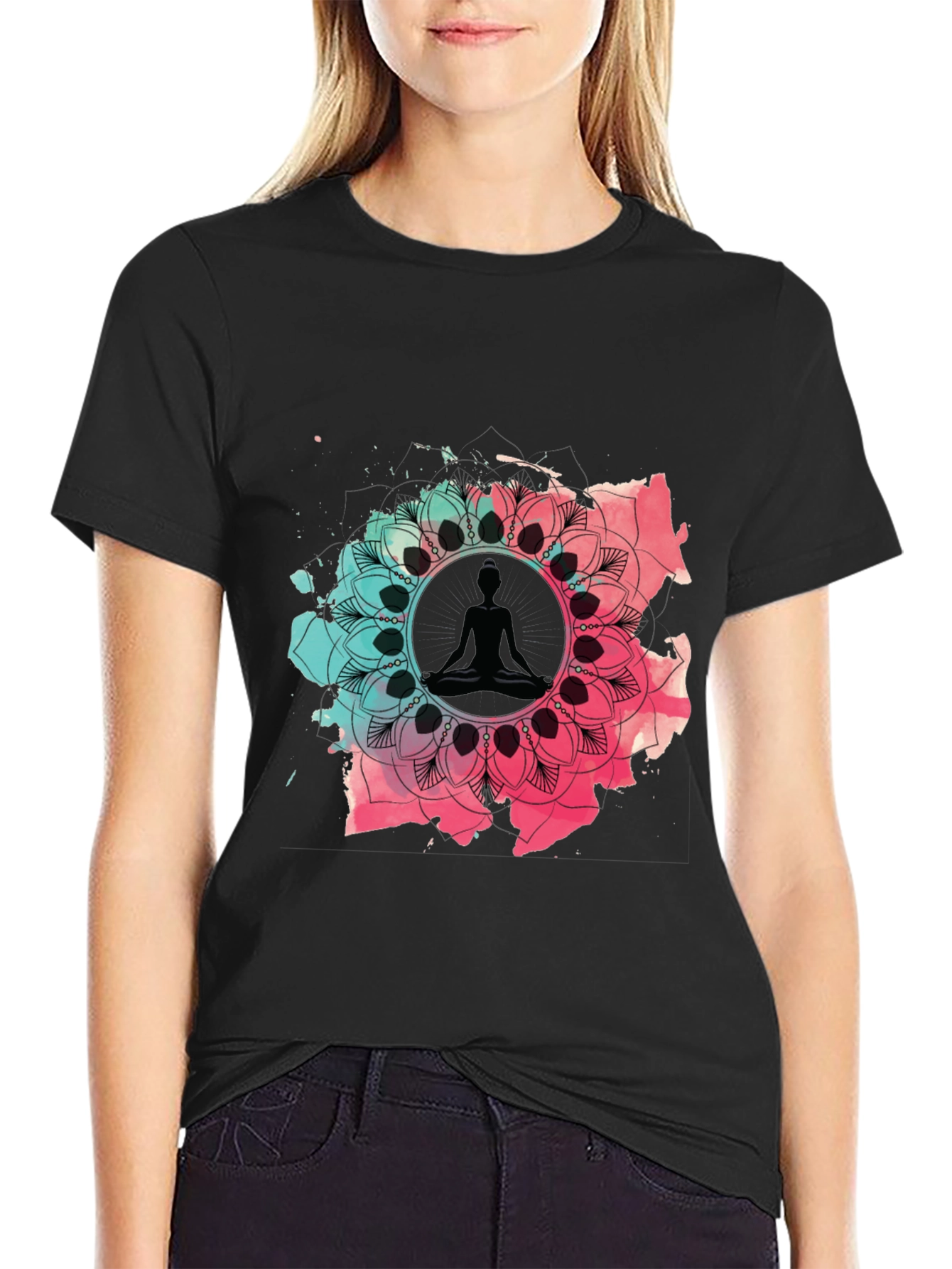 Yoga Mandala Graphic Tee - Black Cotton Blend