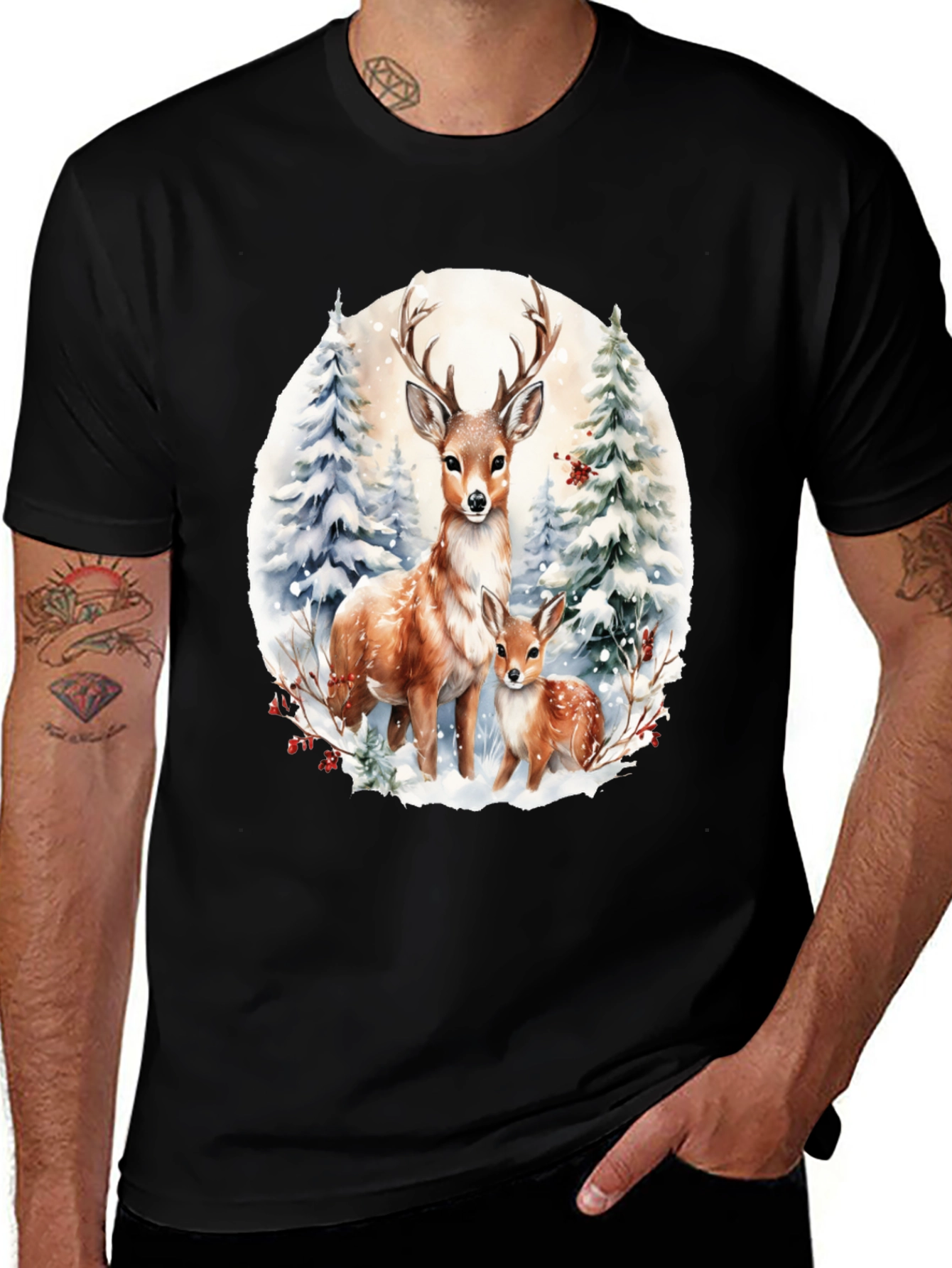 Deer Family Winter Scene Graphic Tee