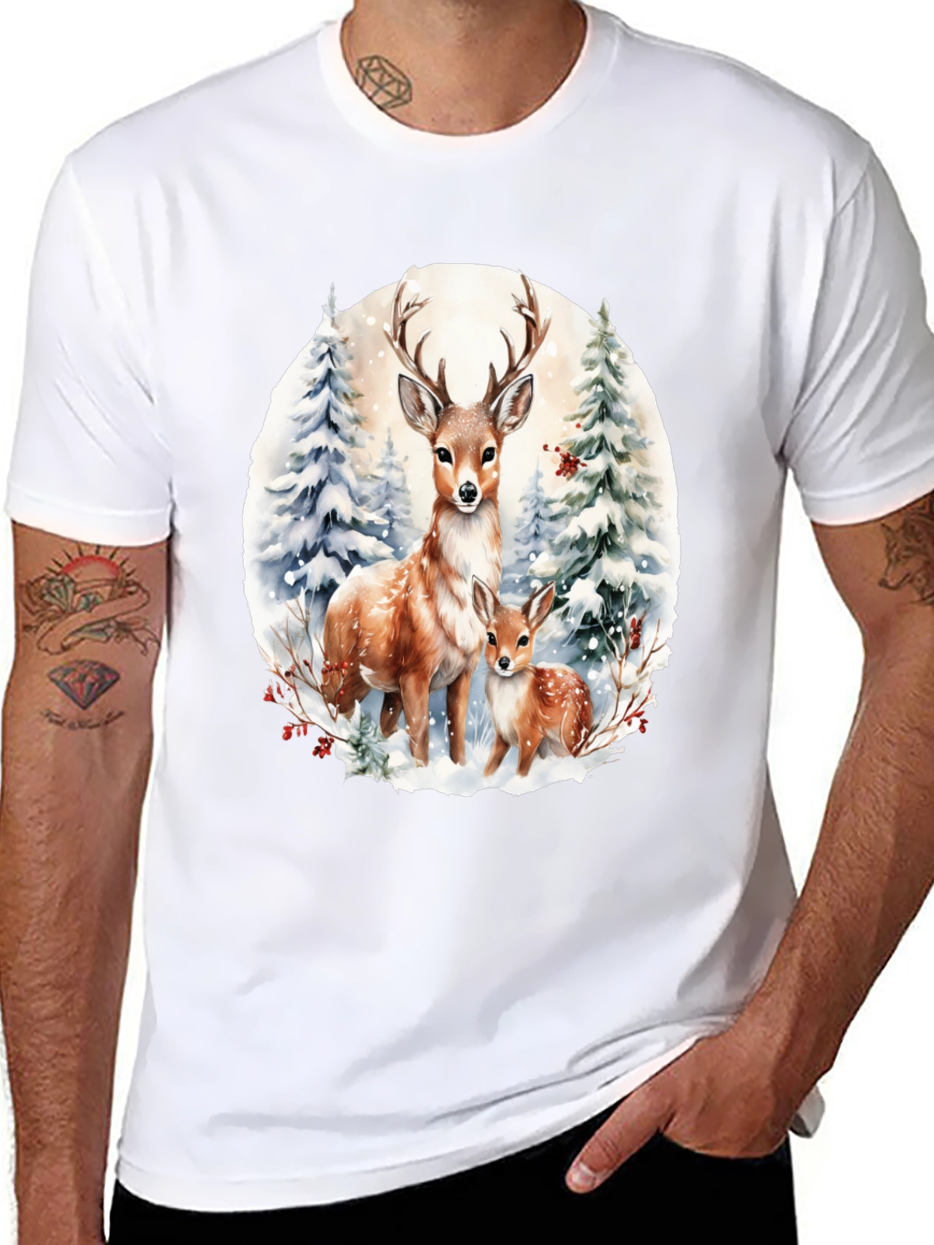 Deer Family Winter Scene Graphic Tee