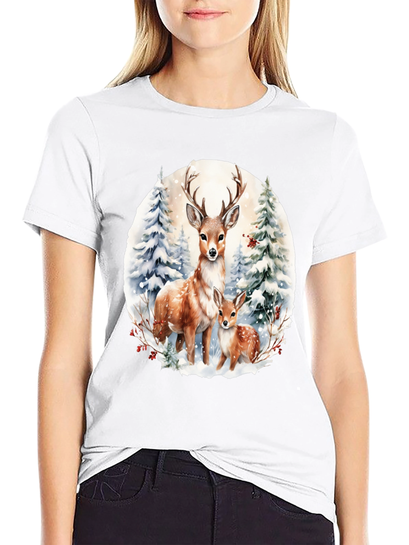 Deer Family Winter Scene Graphic Tee
