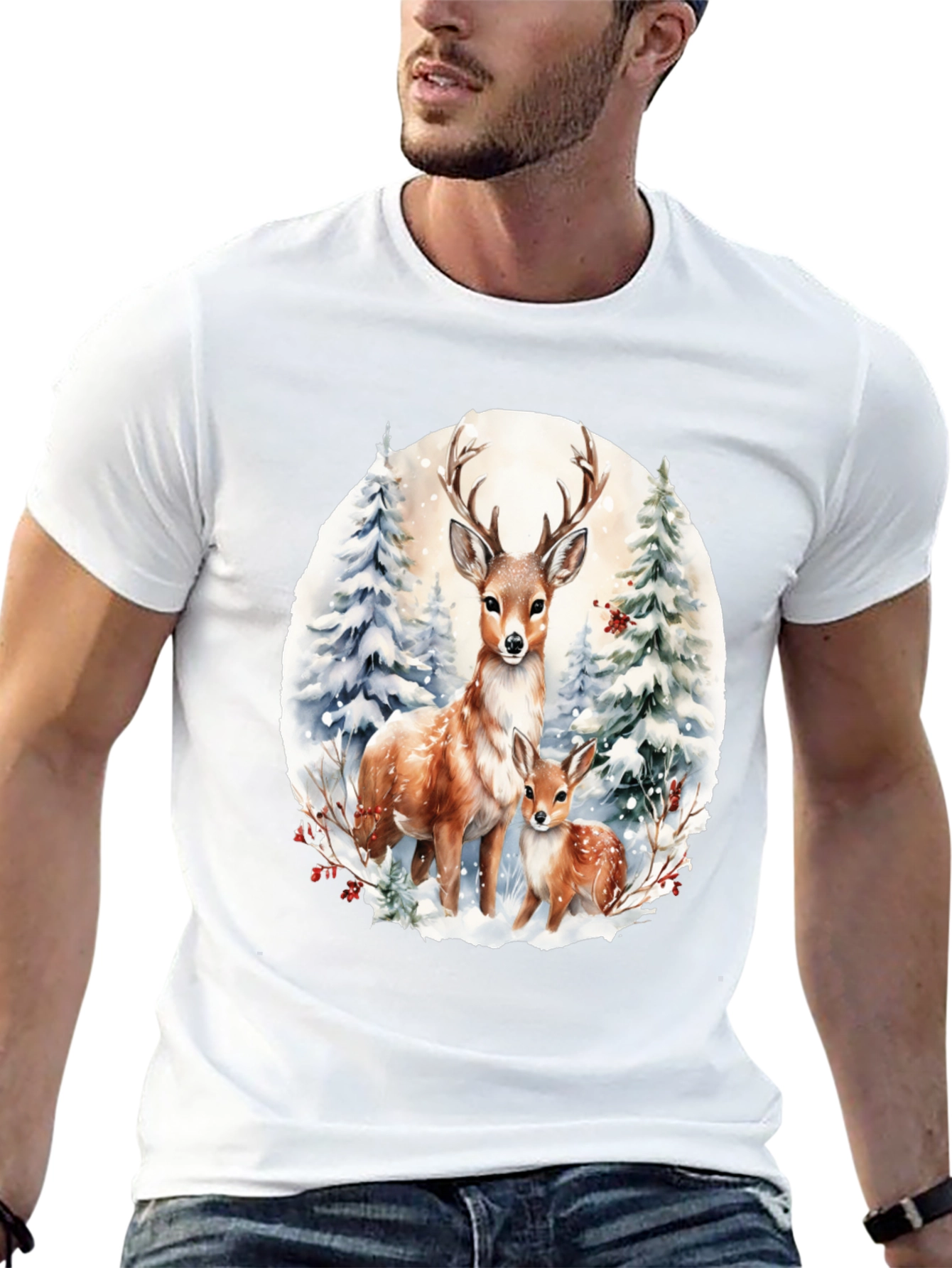 Deer Family Winter Scene Graphic Tee