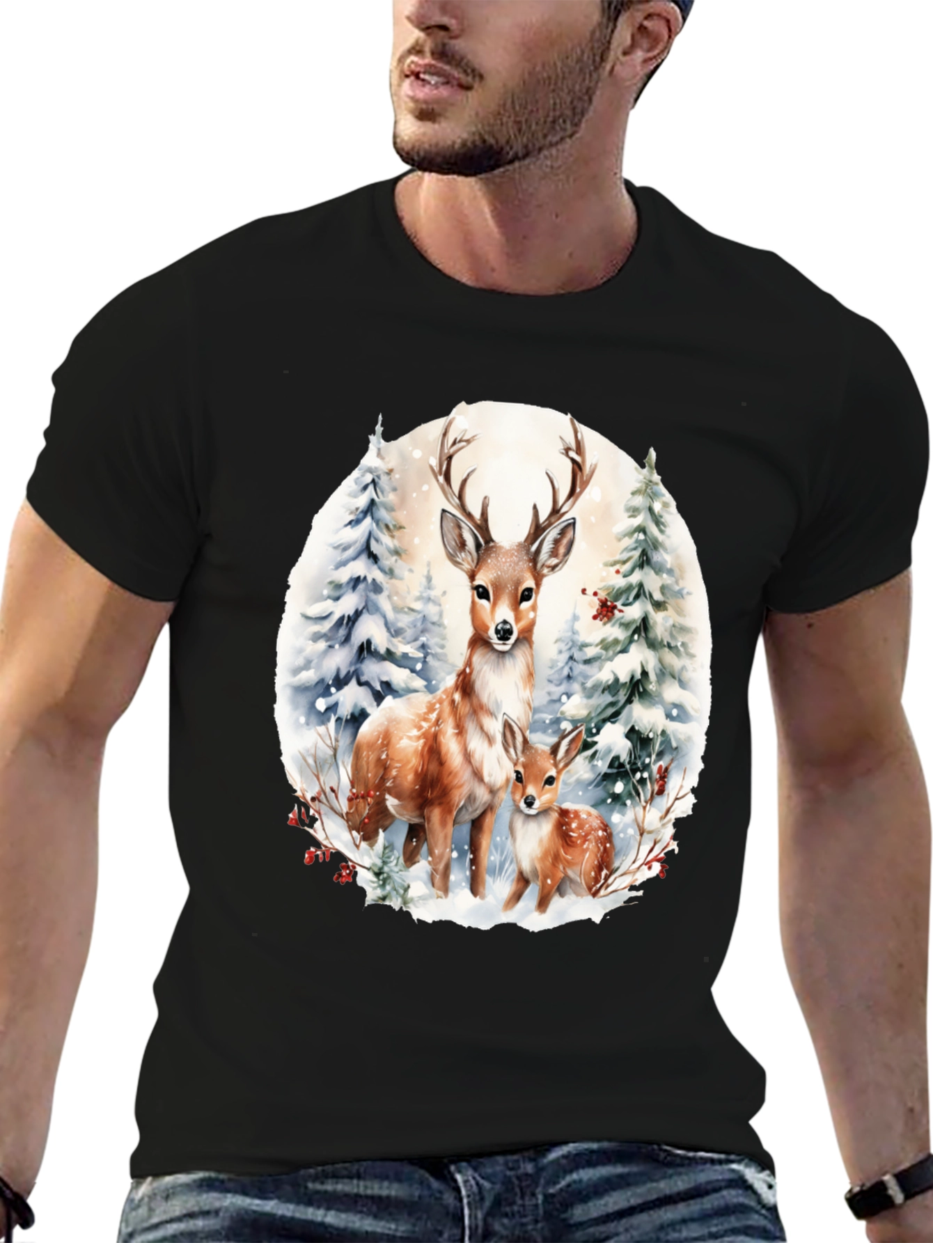 Deer Family Winter Scene Graphic Tee