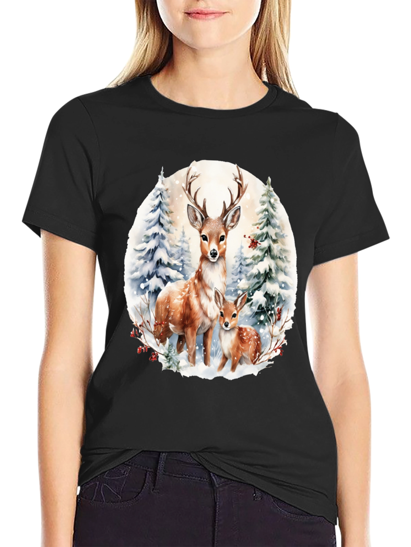 Deer Family Winter Scene Graphic Tee