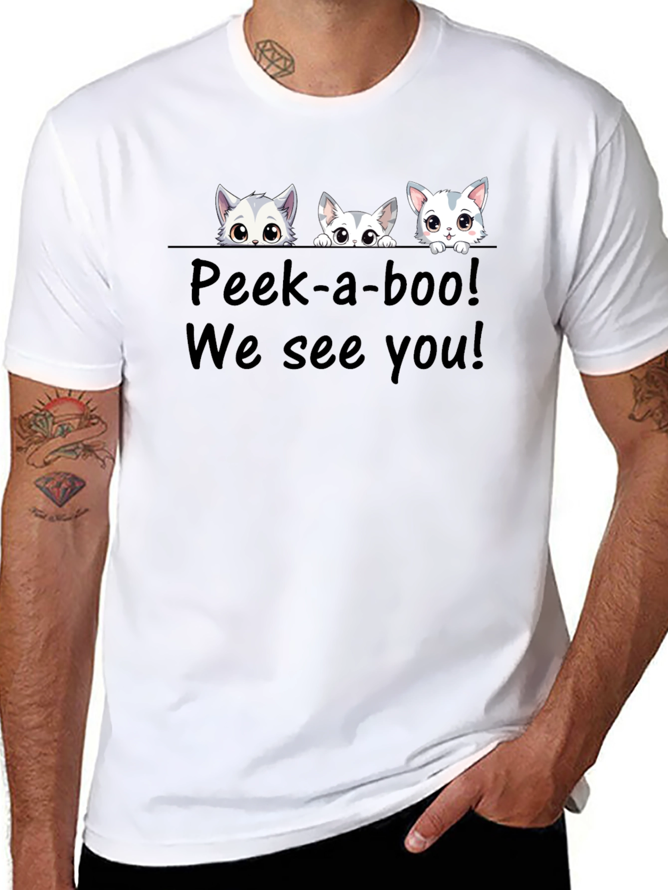 Cute Cat Peek-a-boo Graphic T-Shirt