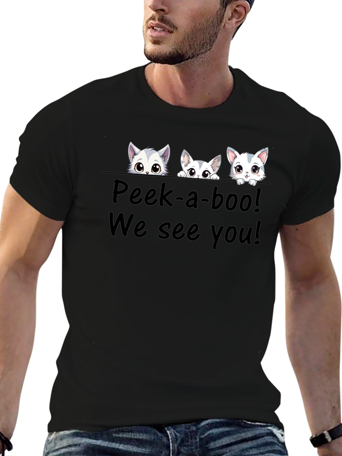 Cute Cat Peek-a-boo Graphic T-Shirt
