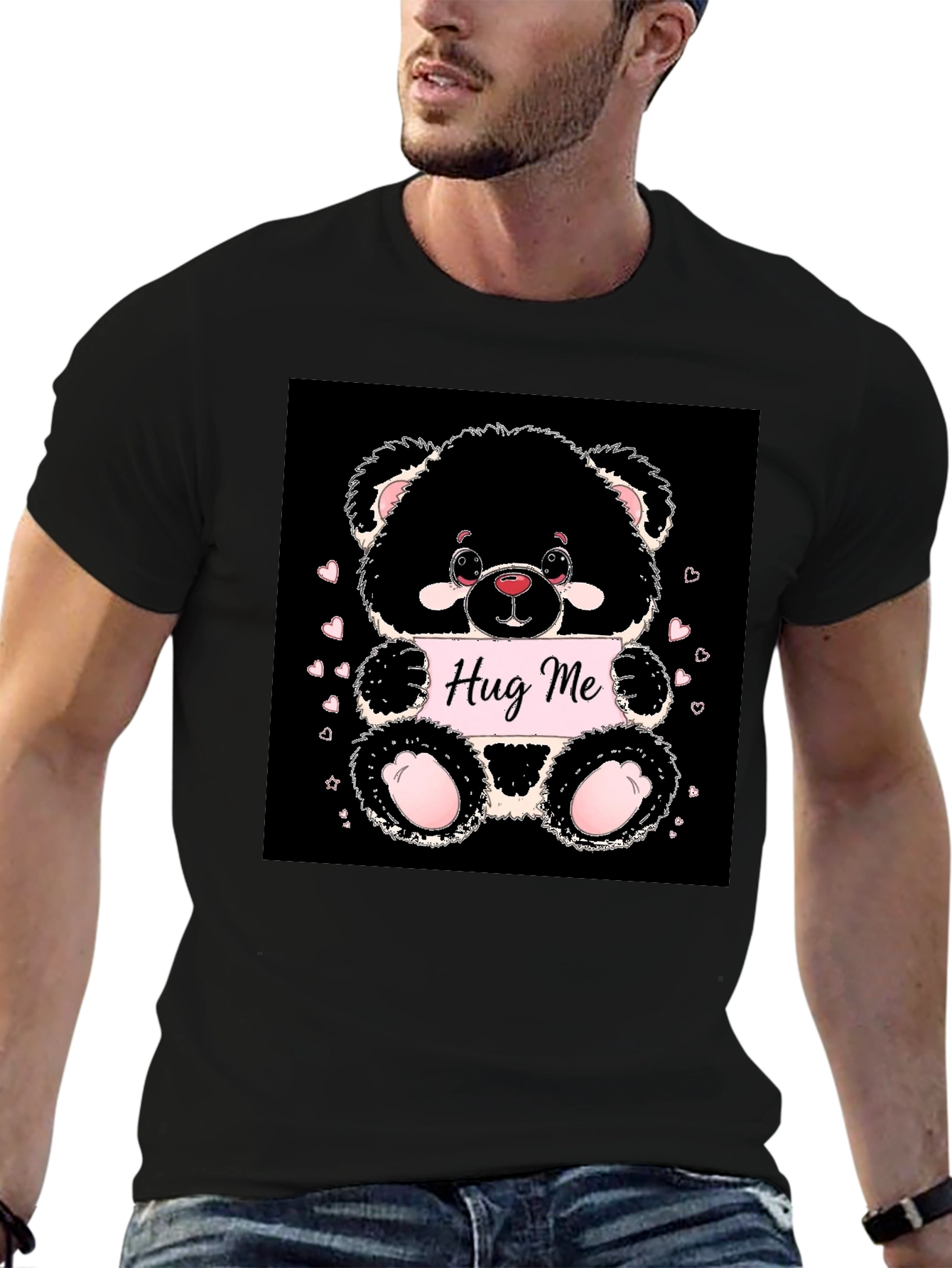 Cute Bear Hug Me Black T-Shirt