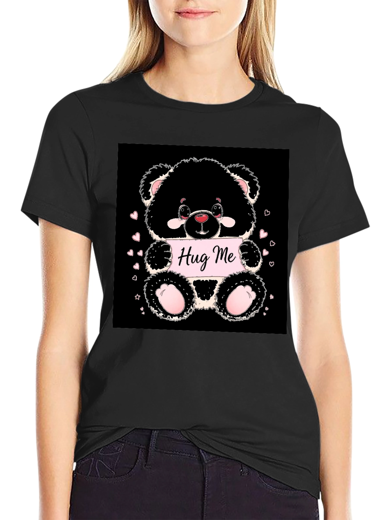 Cute Bear Hug Me Black T-Shirt