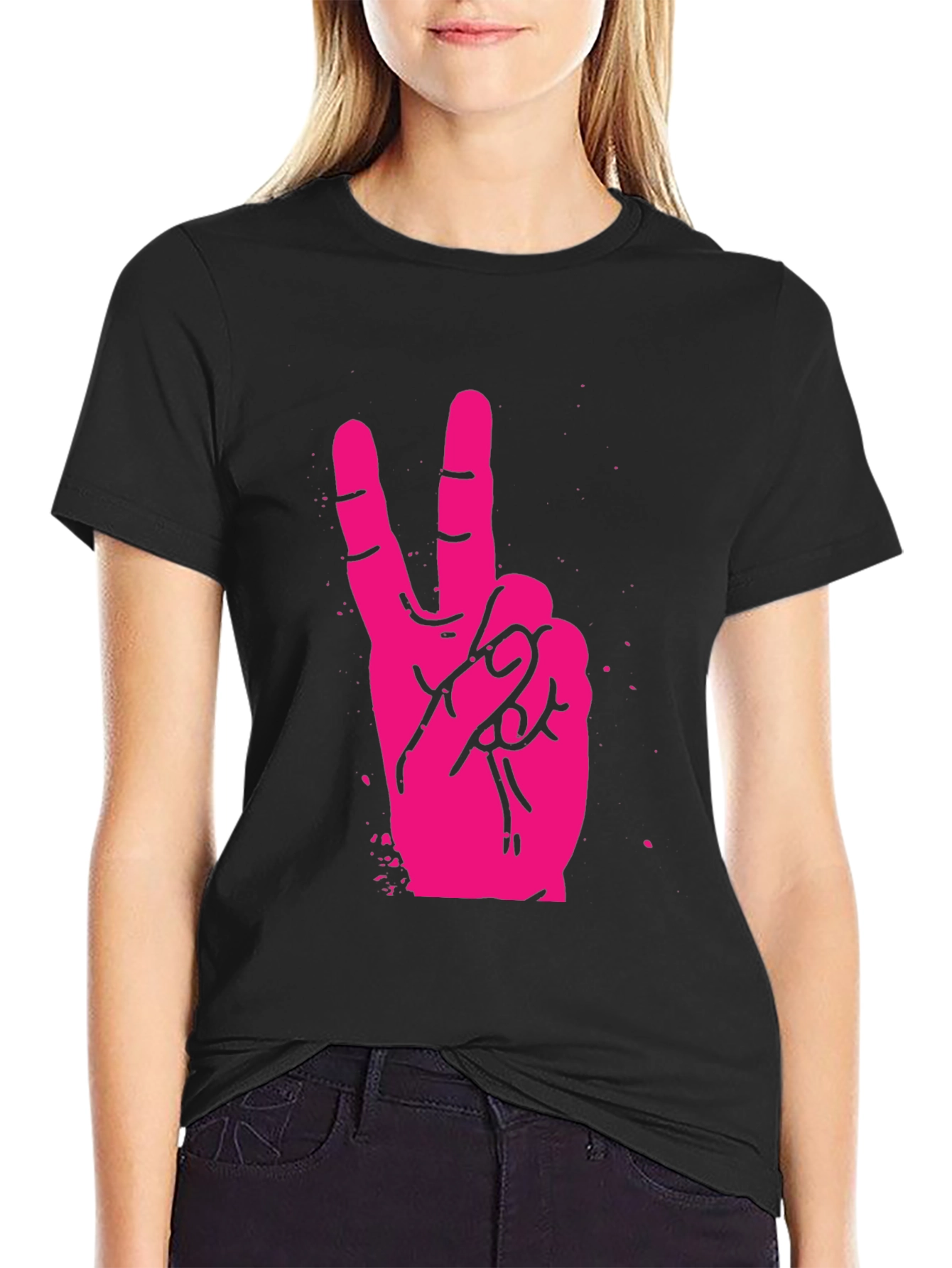 Pink Peace Sign Graphic Black T-Shirt