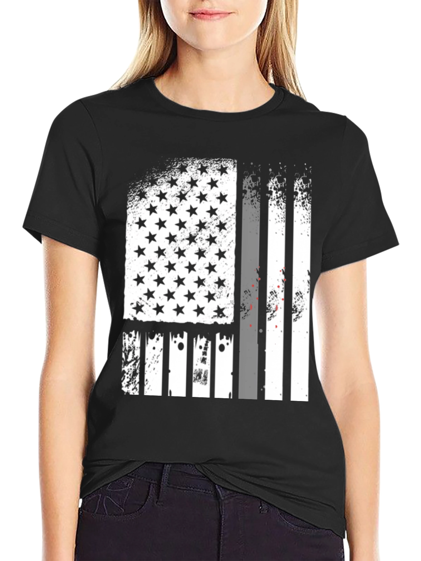 Distressed American Flag Graphic Tee - Black