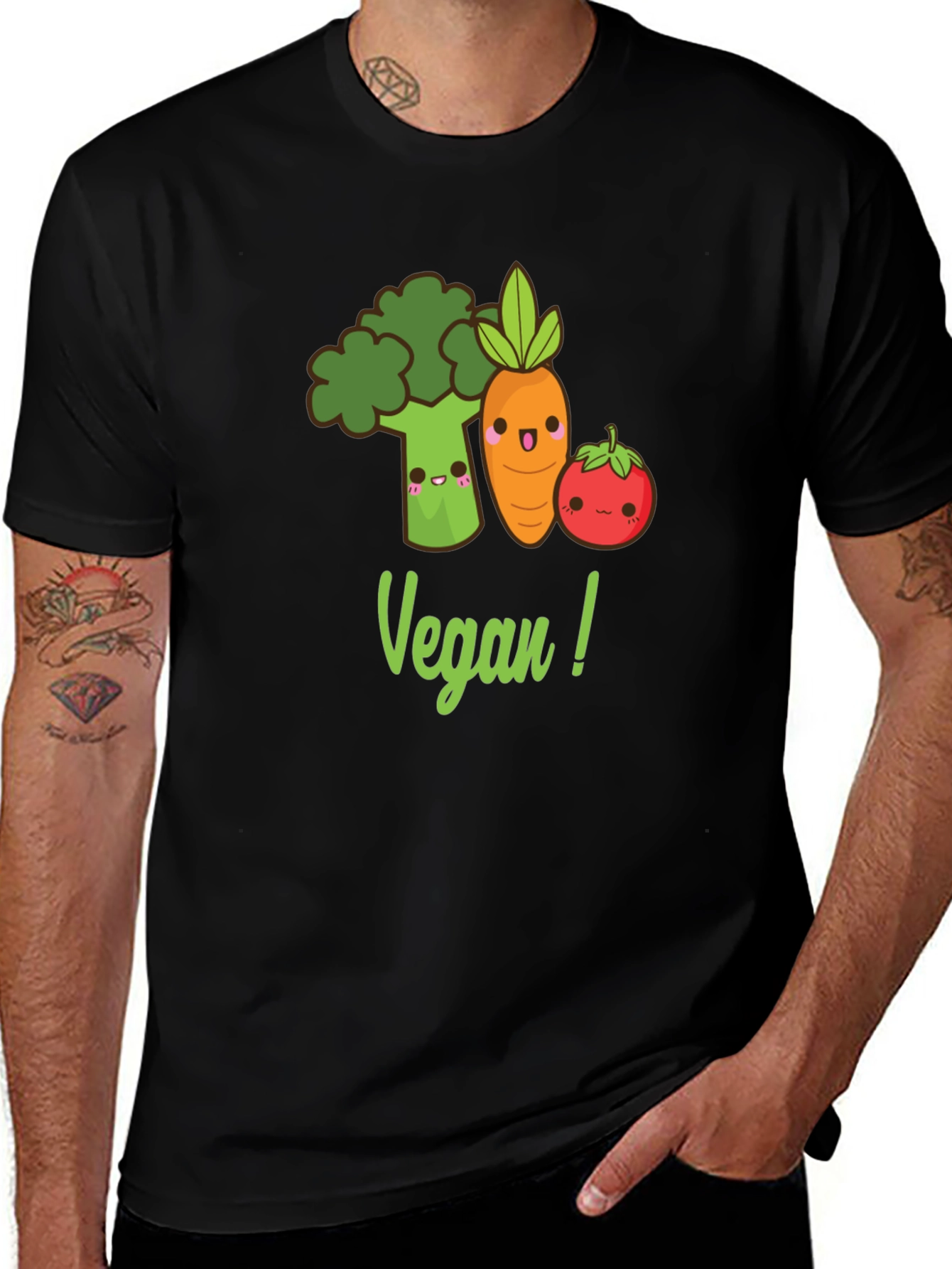 Cute Vegan T-Shirt with Broccoli Carrot & Tomato Design