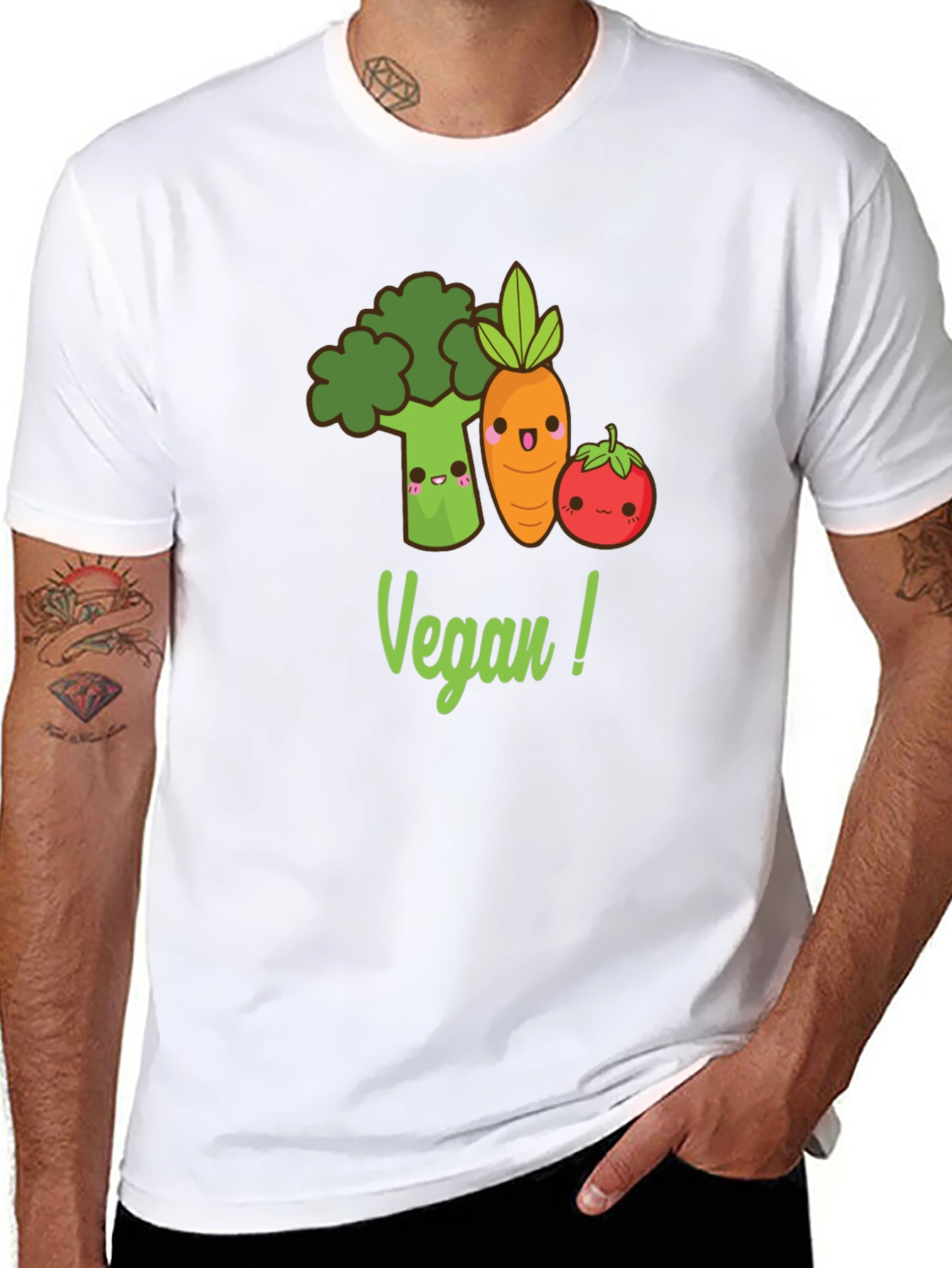 Cute Vegan T-Shirt with Broccoli Carrot & Tomato Design