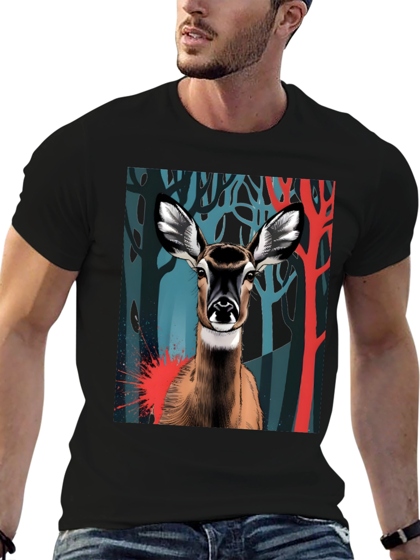Deer Graphic Tee - Black Cotton Blend