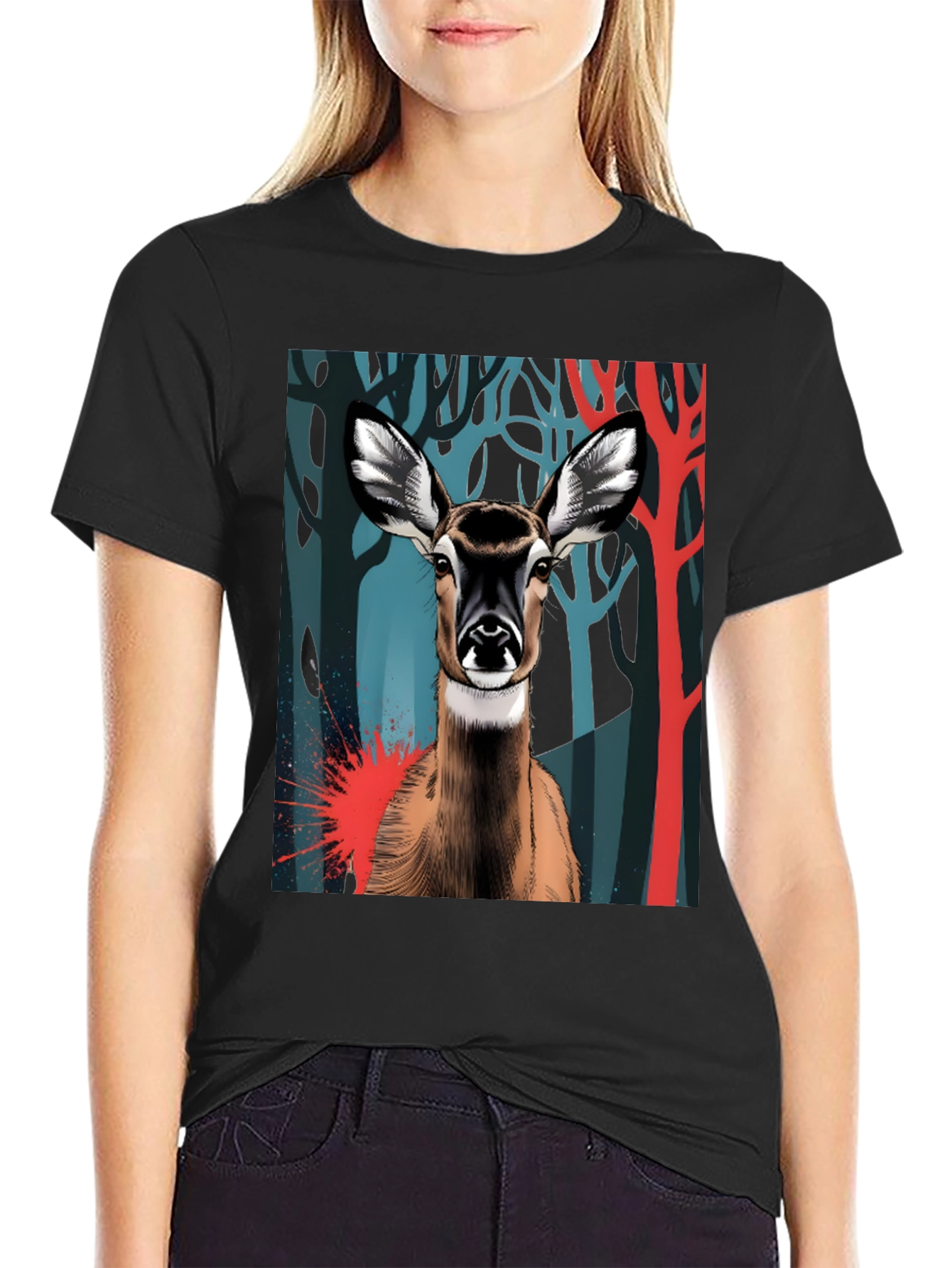 Deer Graphic Tee - Black Cotton Blend
