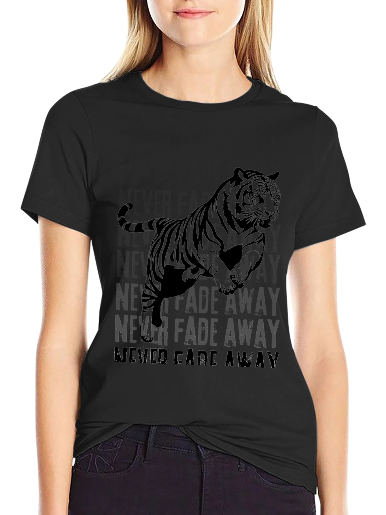 Never Fade Away Tiger Graphic Black T-Shirt
