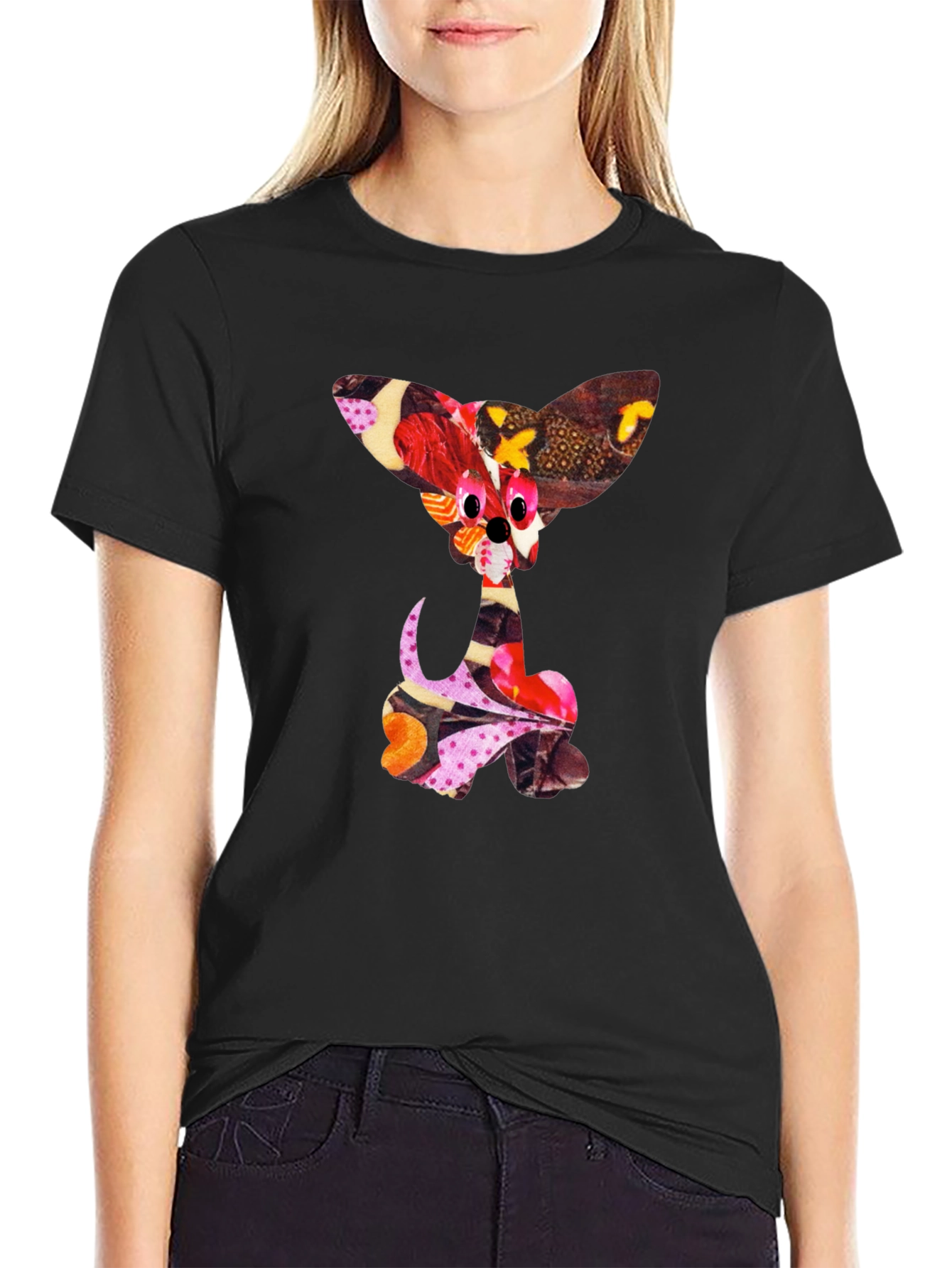 Abstract Puppy Print Black Crew Neck T-Shirt