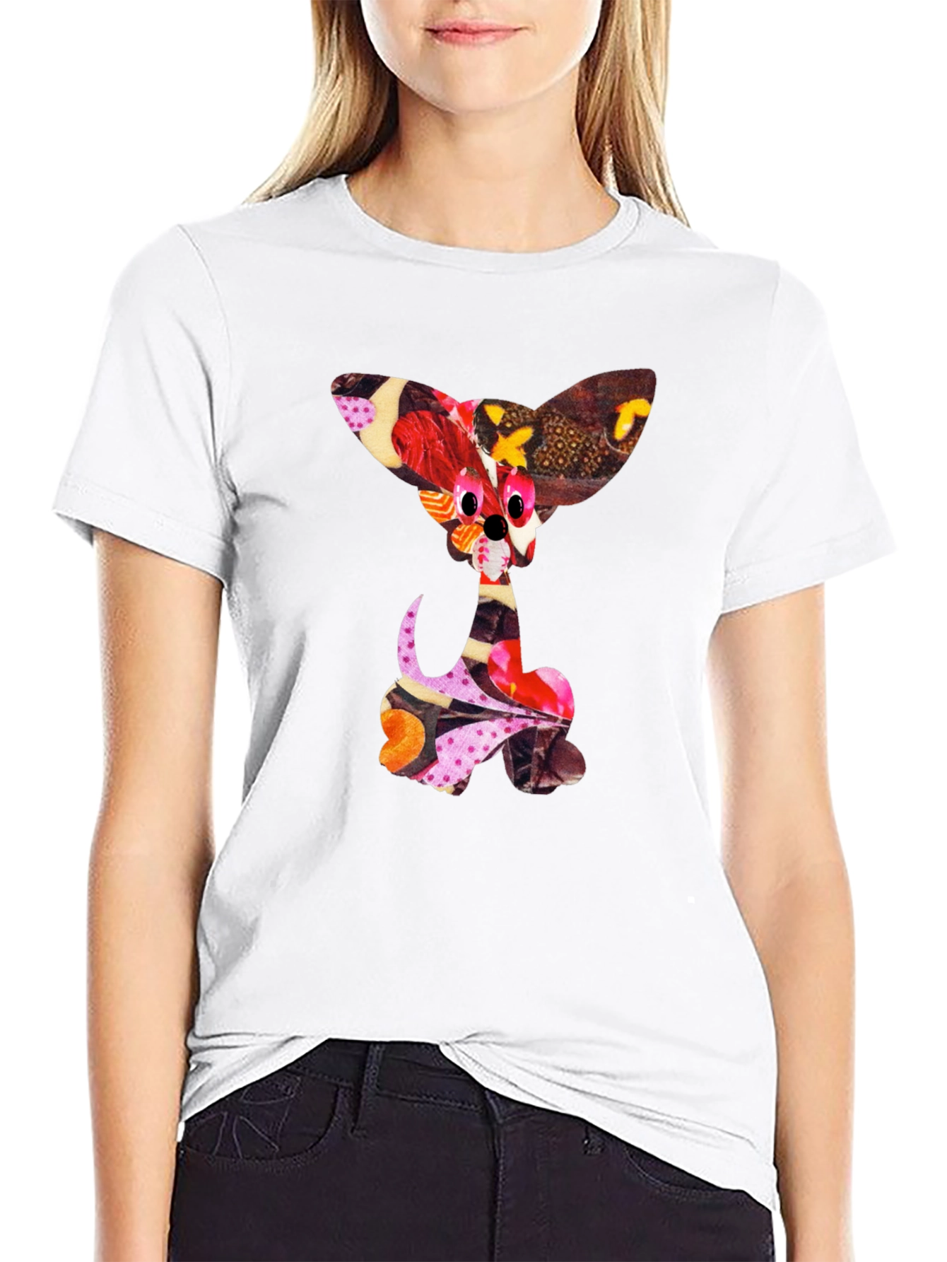 Abstract Puppy Print Black Crew Neck T-Shirt