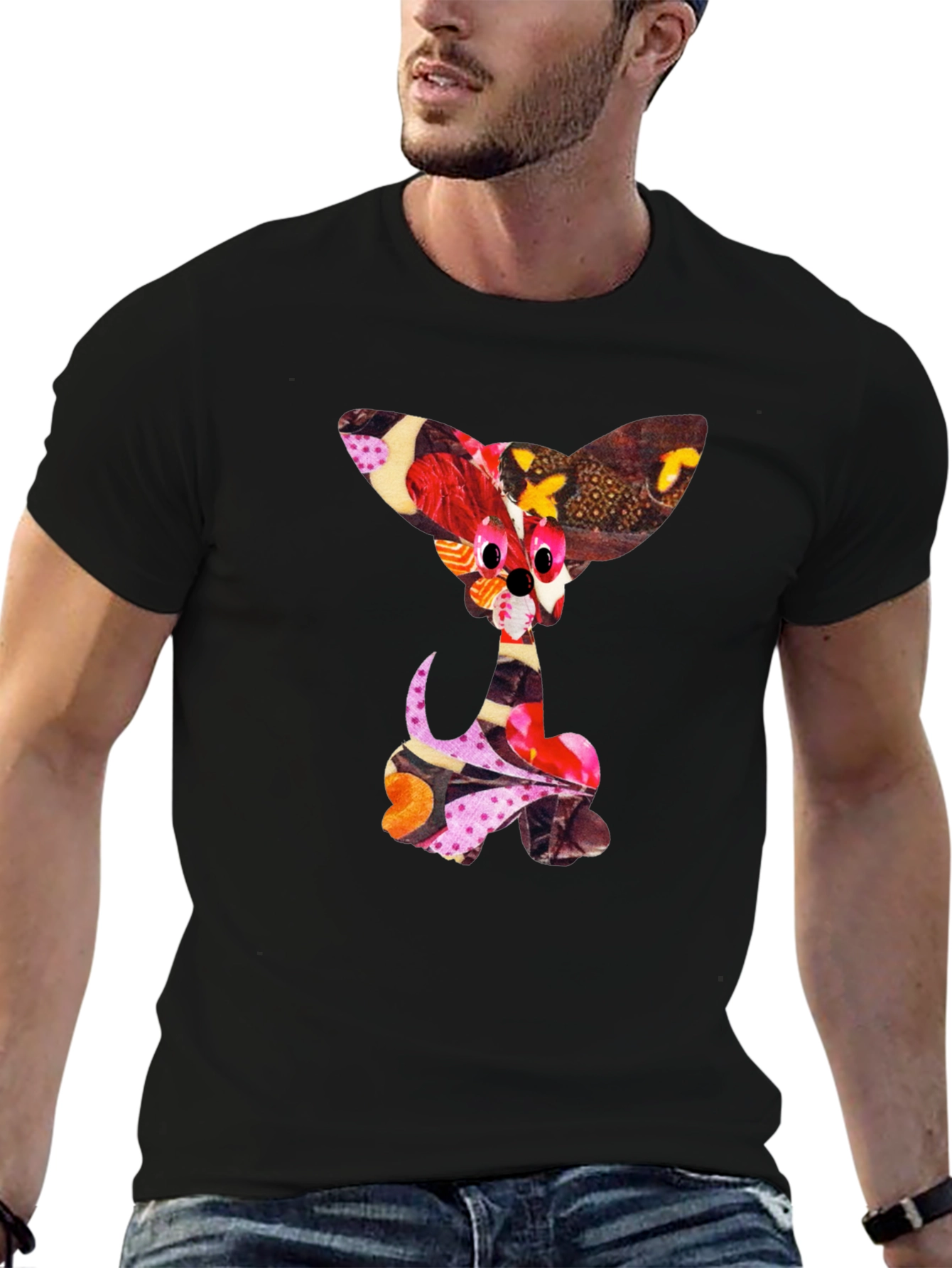 Abstract Puppy Print Black Crew Neck T-Shirt