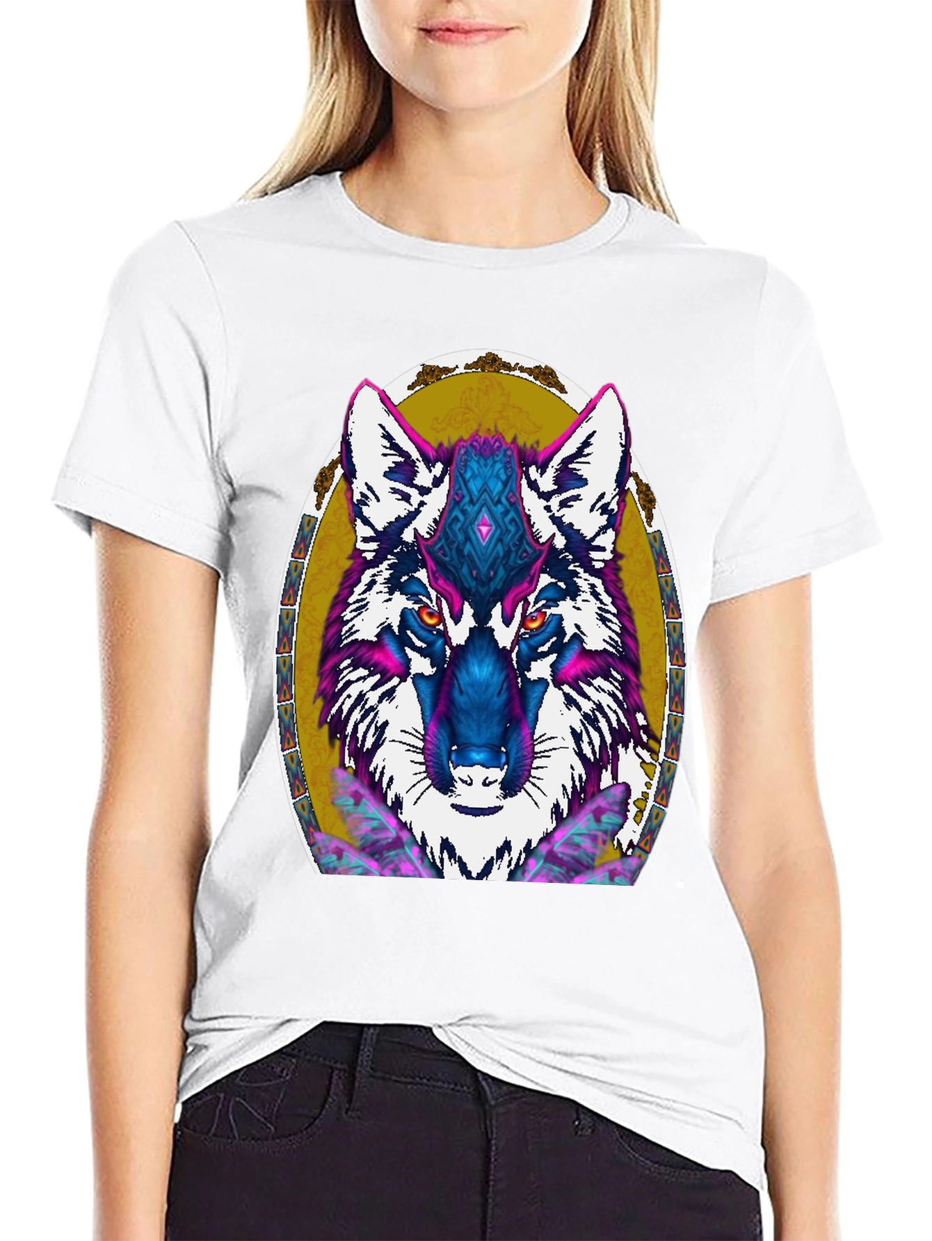 Wolf Graphic Print Tee - Tribal Art Design