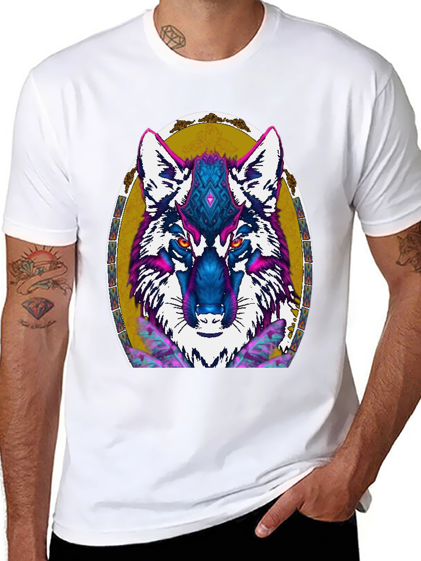 Wolf Graphic Print Tee - Tribal Art Design