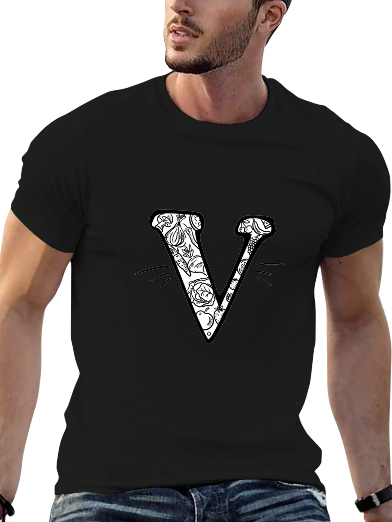 Floral Letter V Black T-Shirt