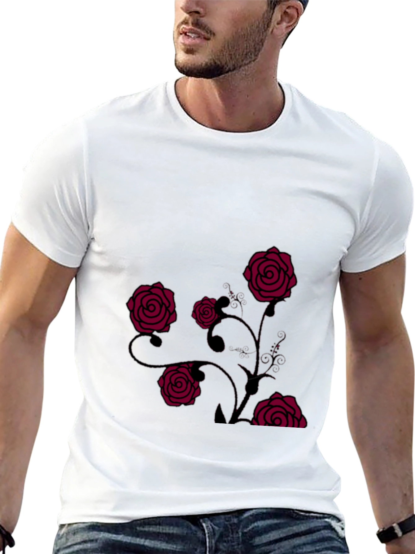 Mens Black T-Shirt with Rose Design