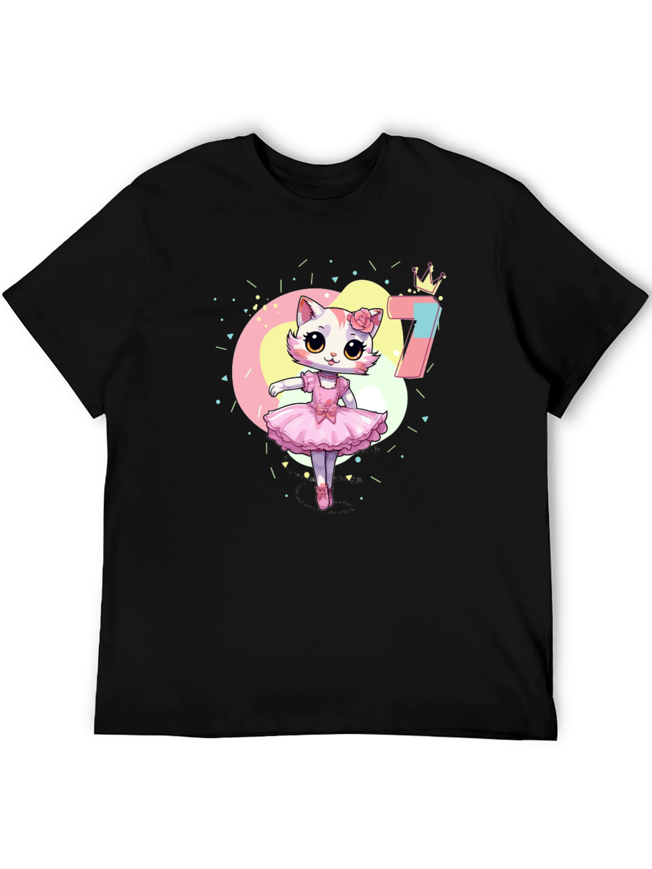 Cute Ballerina Cat 7th Birthday Black T-Shirt