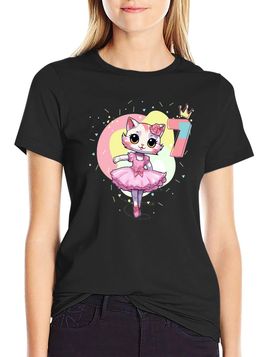 Cute Ballerina Cat 7th Birthday Black T-Shirt