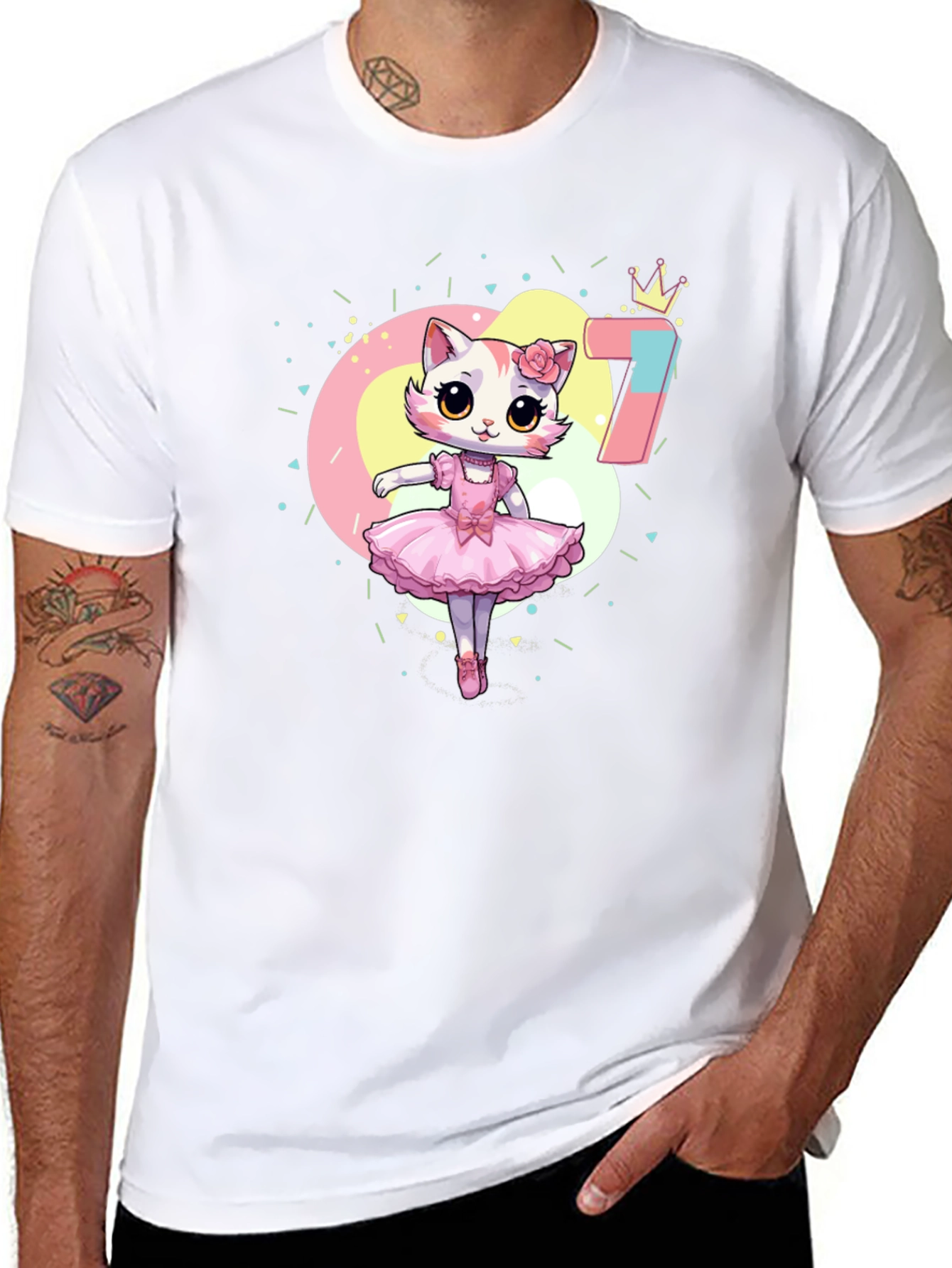 Cute Ballerina Cat 7th Birthday Black T-Shirt