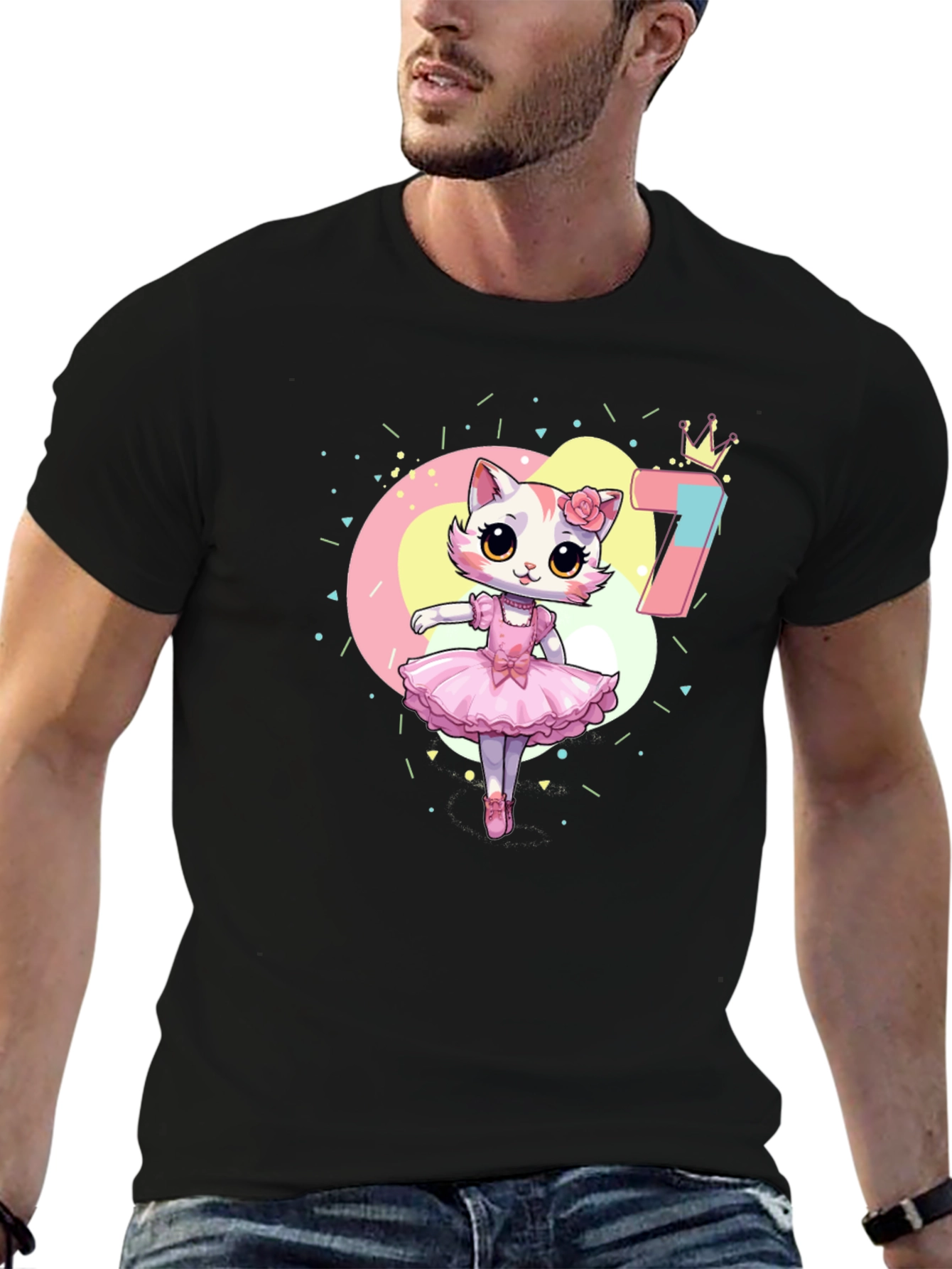 Cute Ballerina Cat 7th Birthday Black T-Shirt