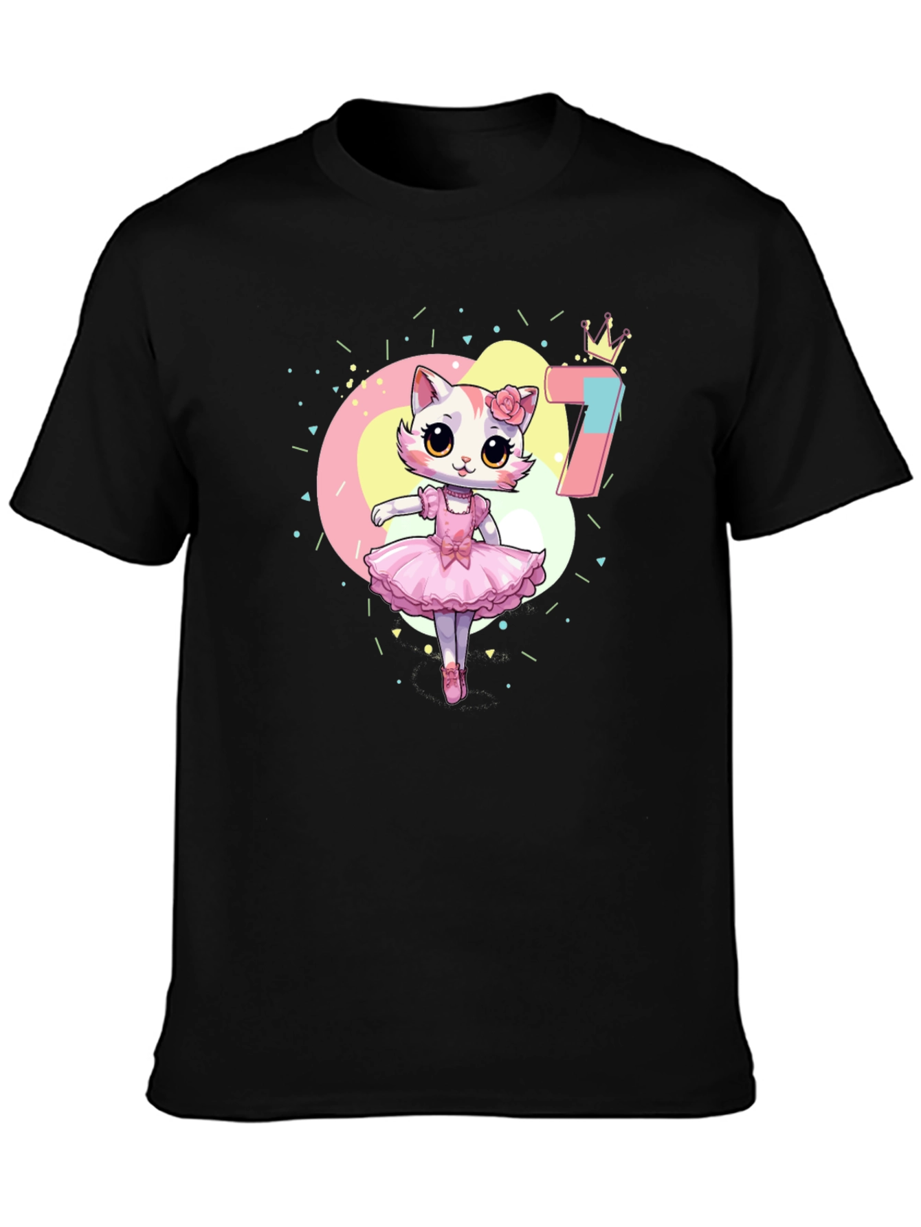 Cute Ballerina Cat 7th Birthday Black T-Shirt