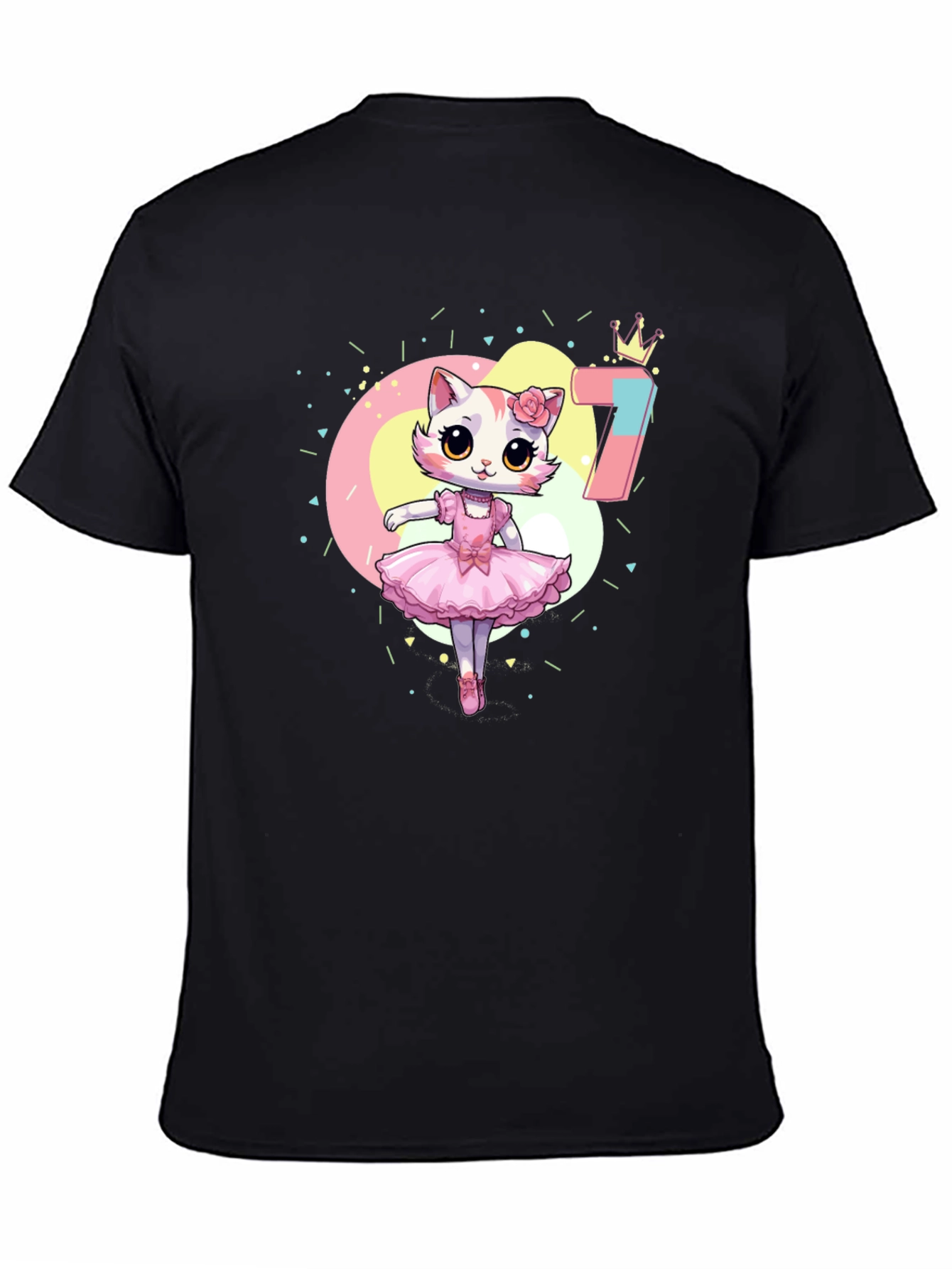 Cute Ballerina Cat 7th Birthday Black T-Shirt